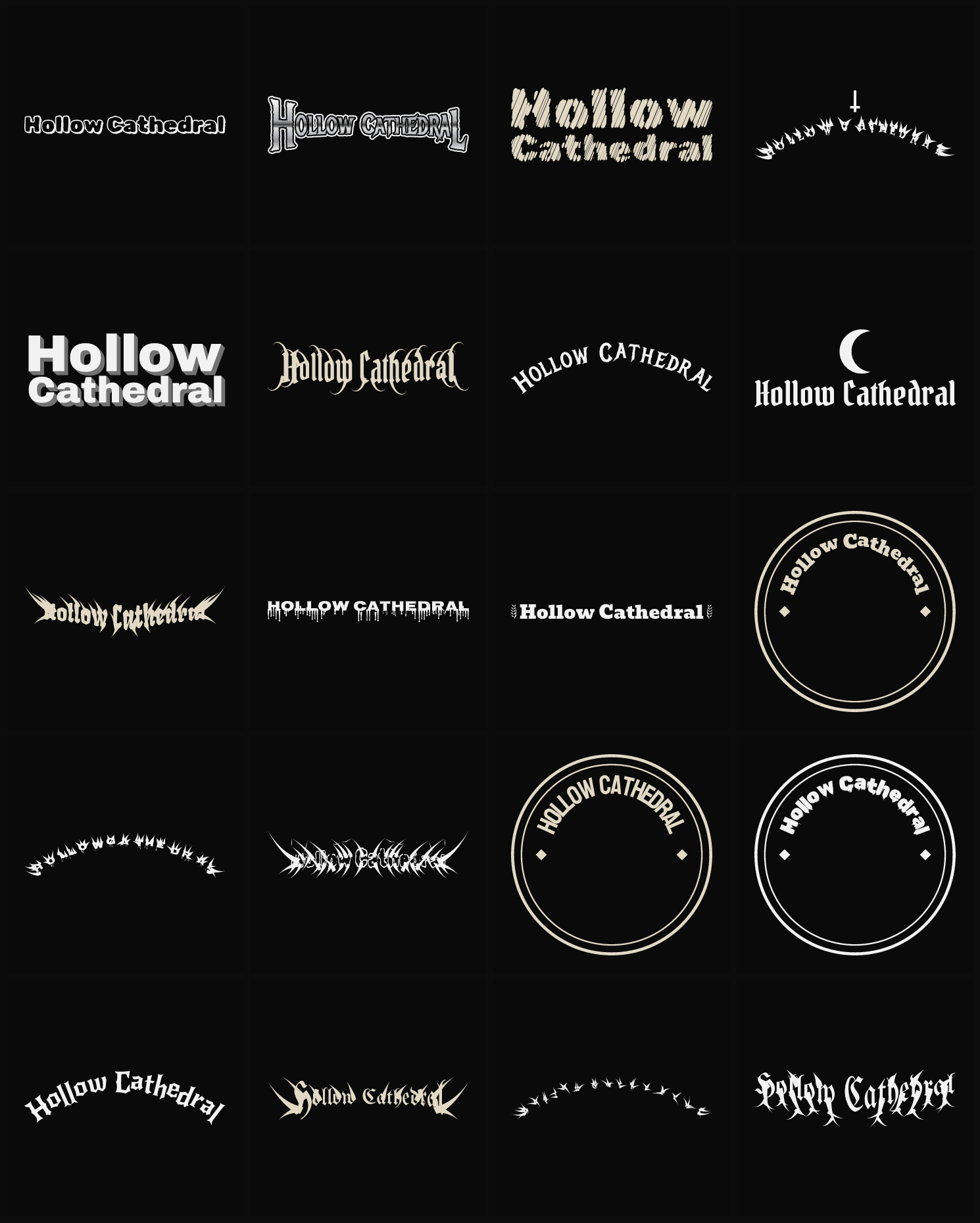 Twenty Hollow Cathedral band logo ideas — different faces, treatments and spike settings