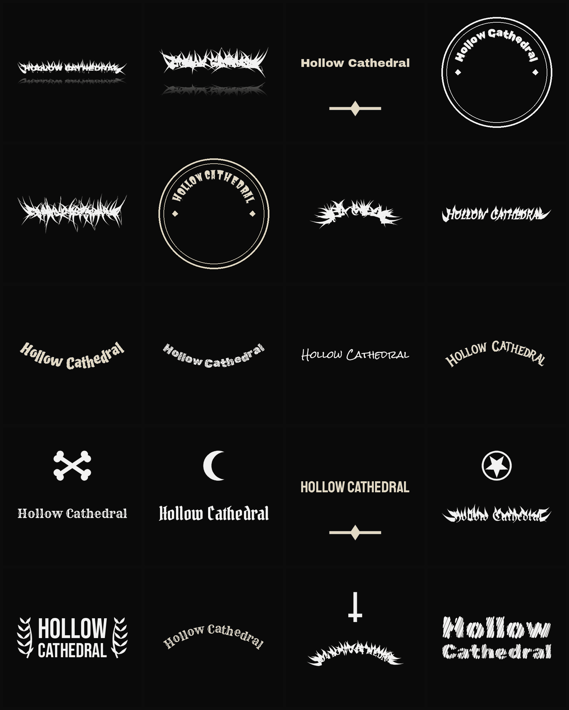 Twenty Hollow Cathedral band logo ideas — different faces, treatments and spike settings