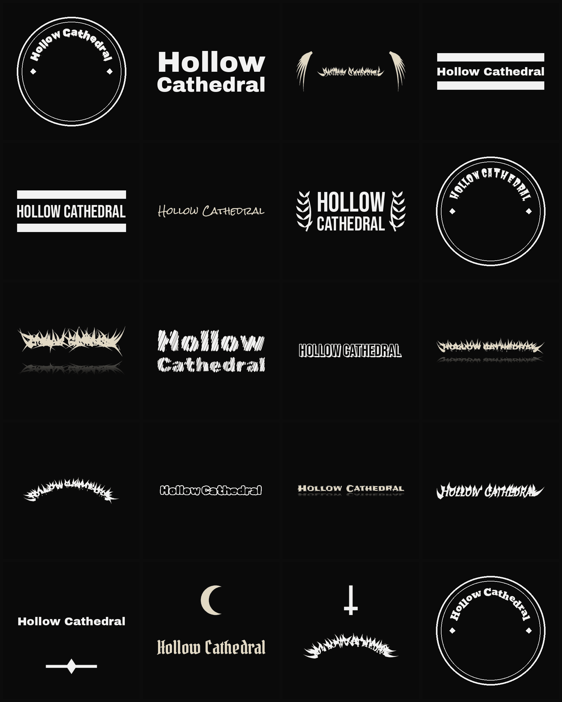 Twenty Hollow Cathedral band logo ideas — different faces, treatments and spike settings