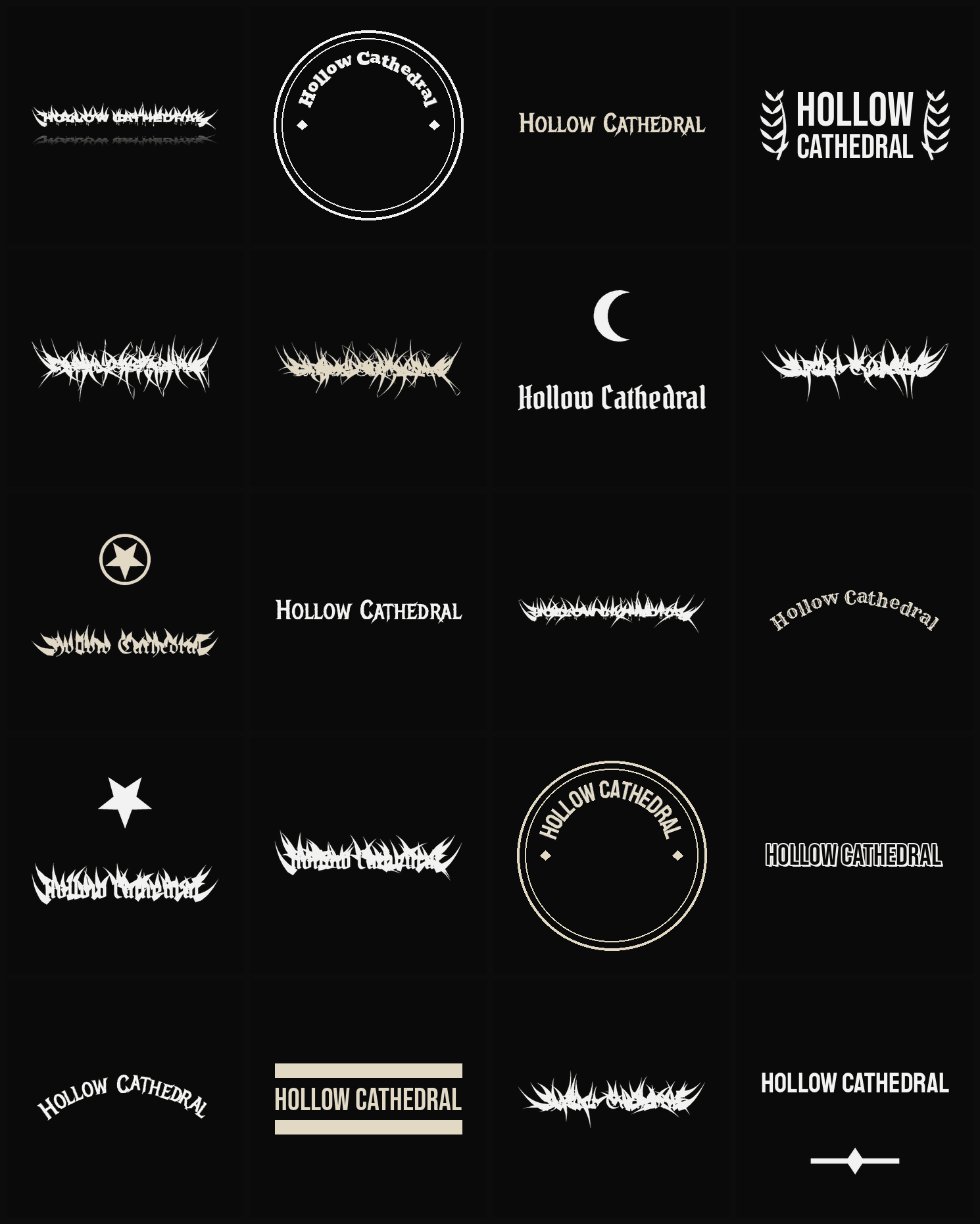 Twenty Hollow Cathedral band logo ideas — different faces, treatments and spike settings