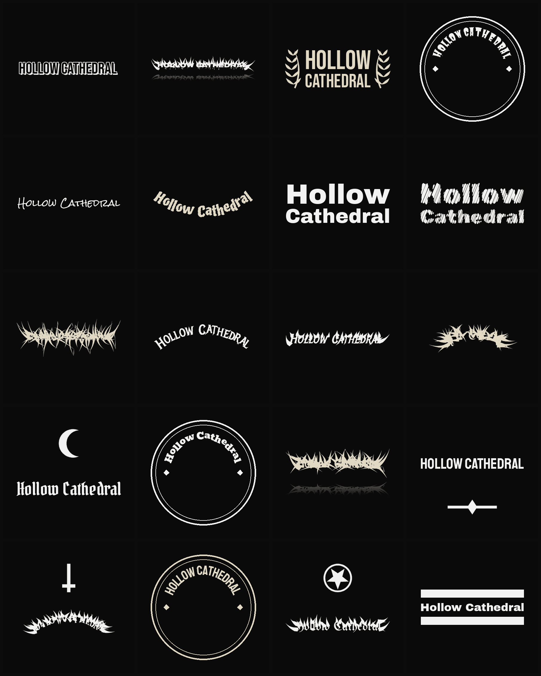 Twenty Hollow Cathedral band logo ideas — different faces, treatments and spike settings