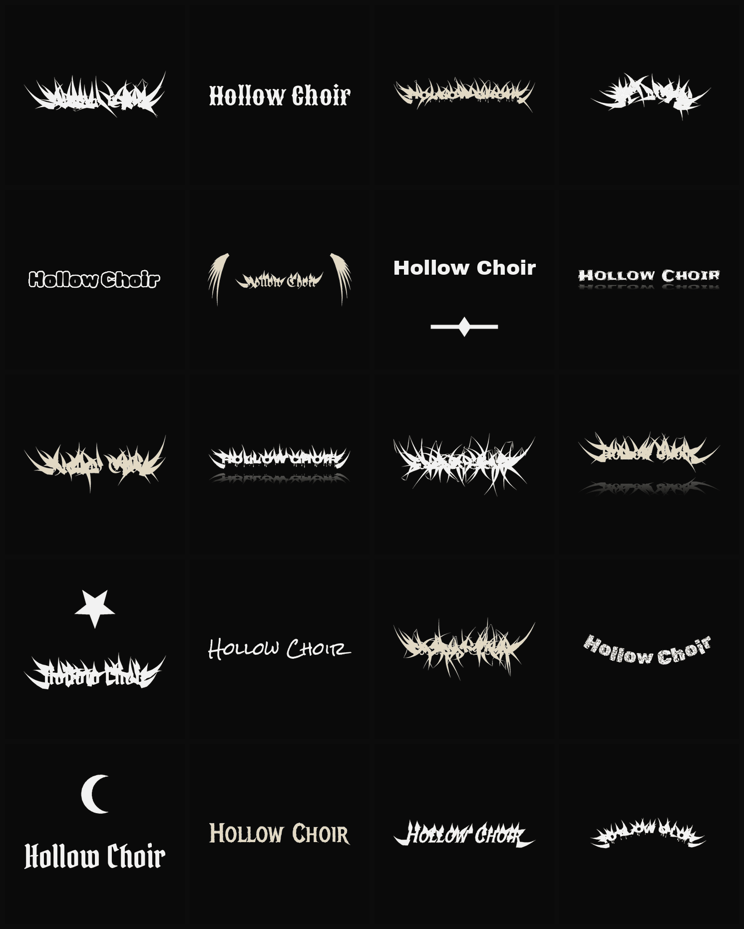 Twenty Hollow Choir band logo ideas — different faces, treatments and spike settings