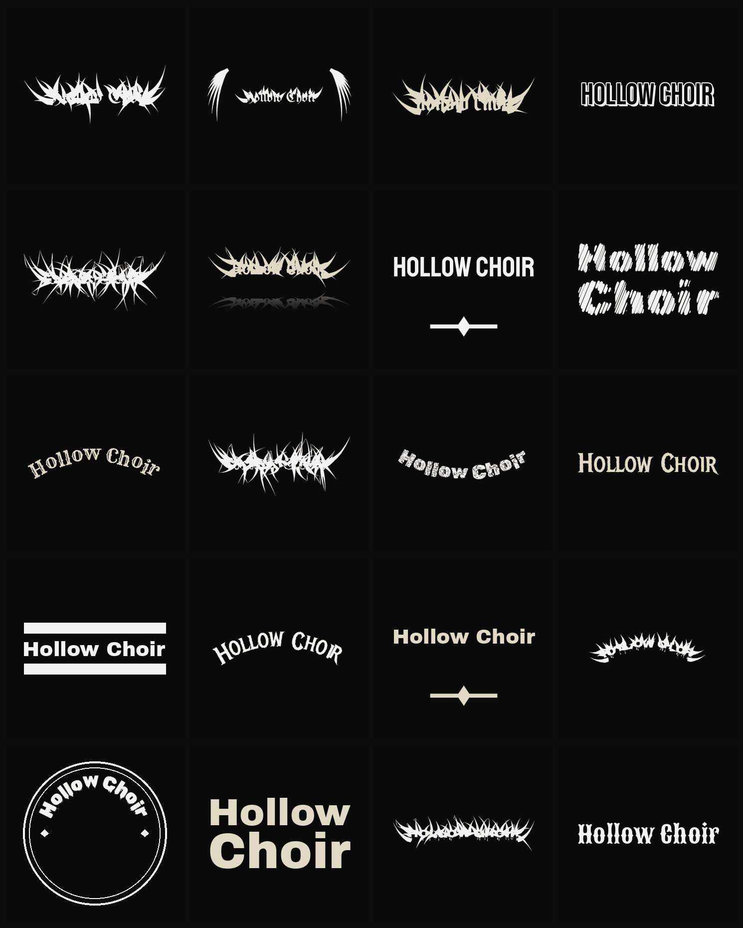 Twenty Hollow Choir band logo ideas — different faces, treatments and spike settings