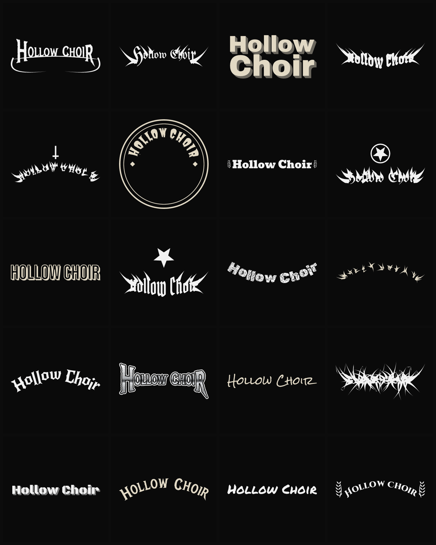 Twenty Hollow Choir band logo ideas — different faces, treatments and spike settings