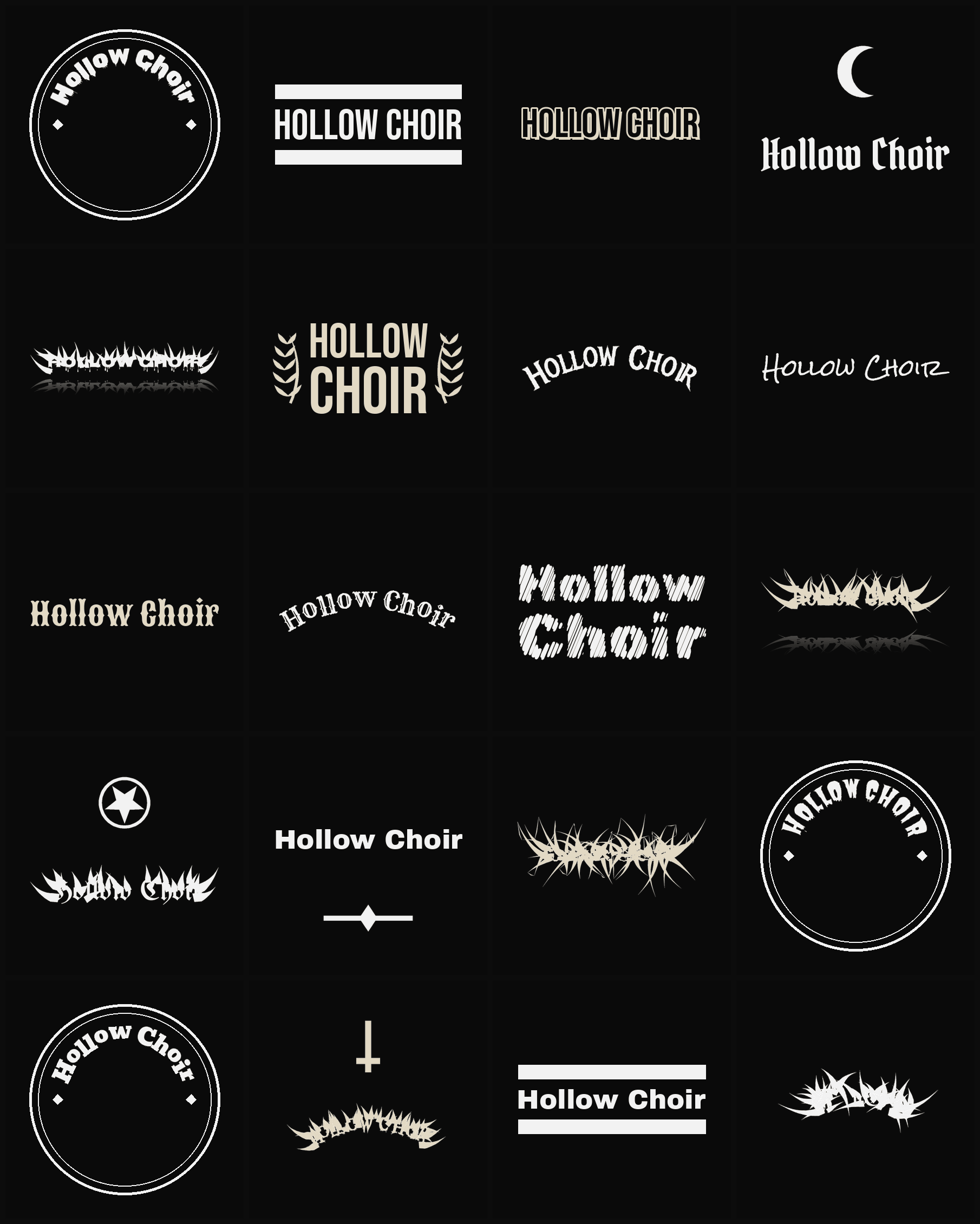 Twenty Hollow Choir band logo ideas — different faces, treatments and spike settings