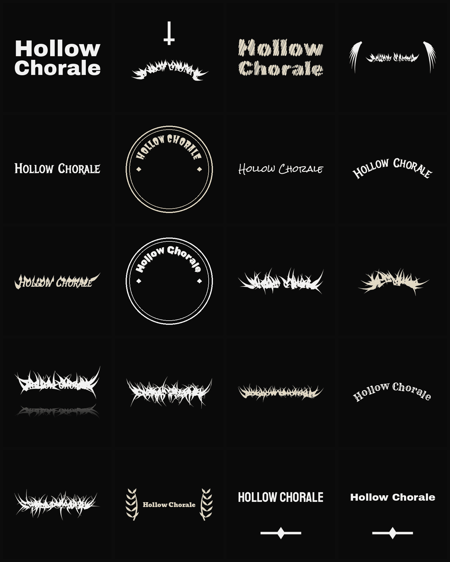 Twenty Hollow Chorale band logo ideas — different faces, treatments and spike settings