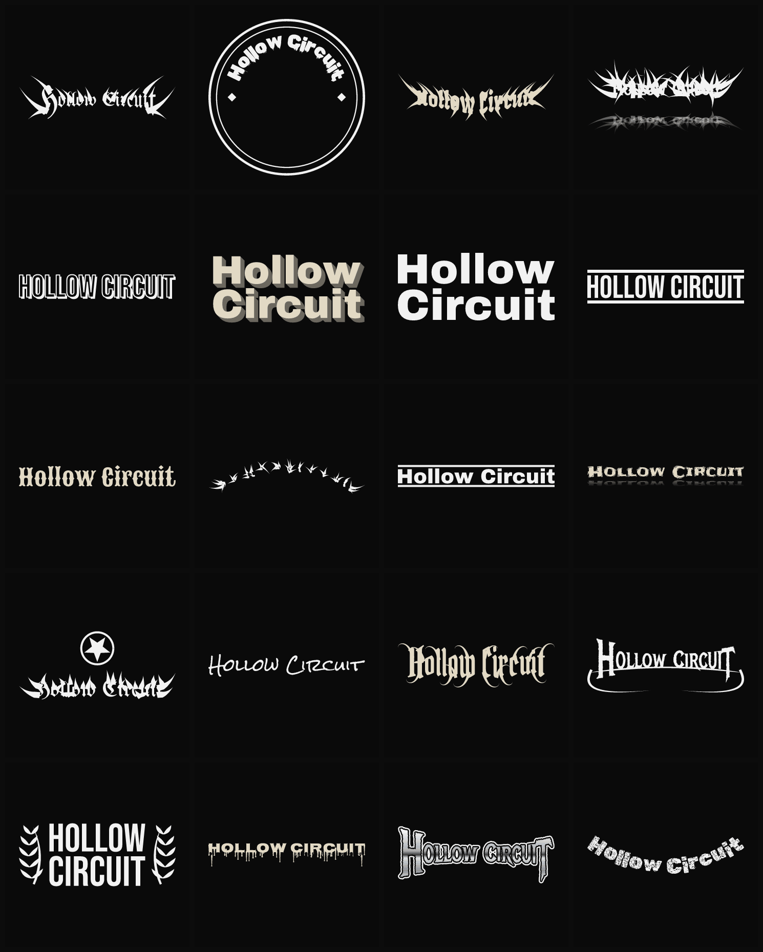 Twenty Hollow Circuit band logo ideas — different faces, treatments and spike settings