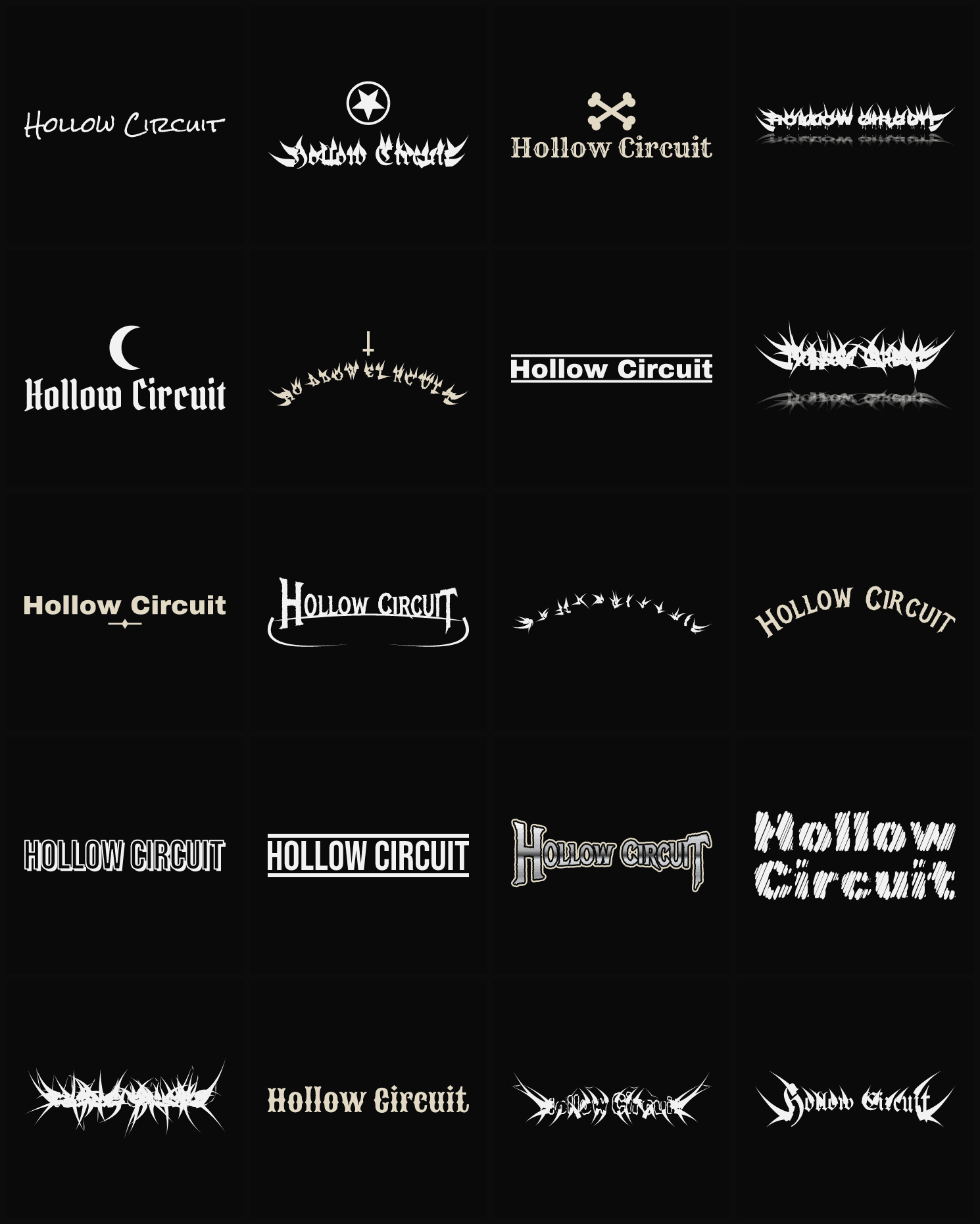Twenty Hollow Circuit band logo ideas — different faces, treatments and spike settings
