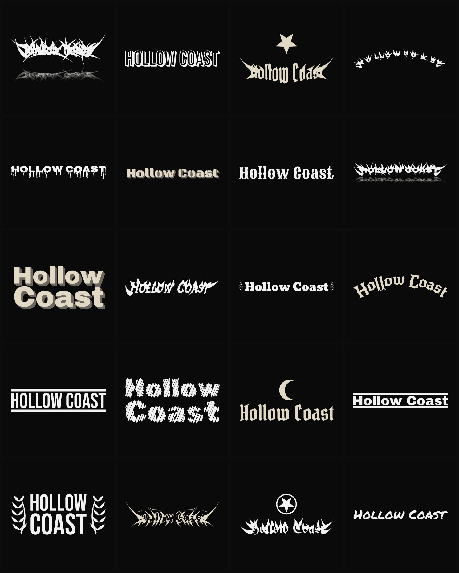 Twenty Hollow Coast band logo ideas — different faces, treatments and spike settings