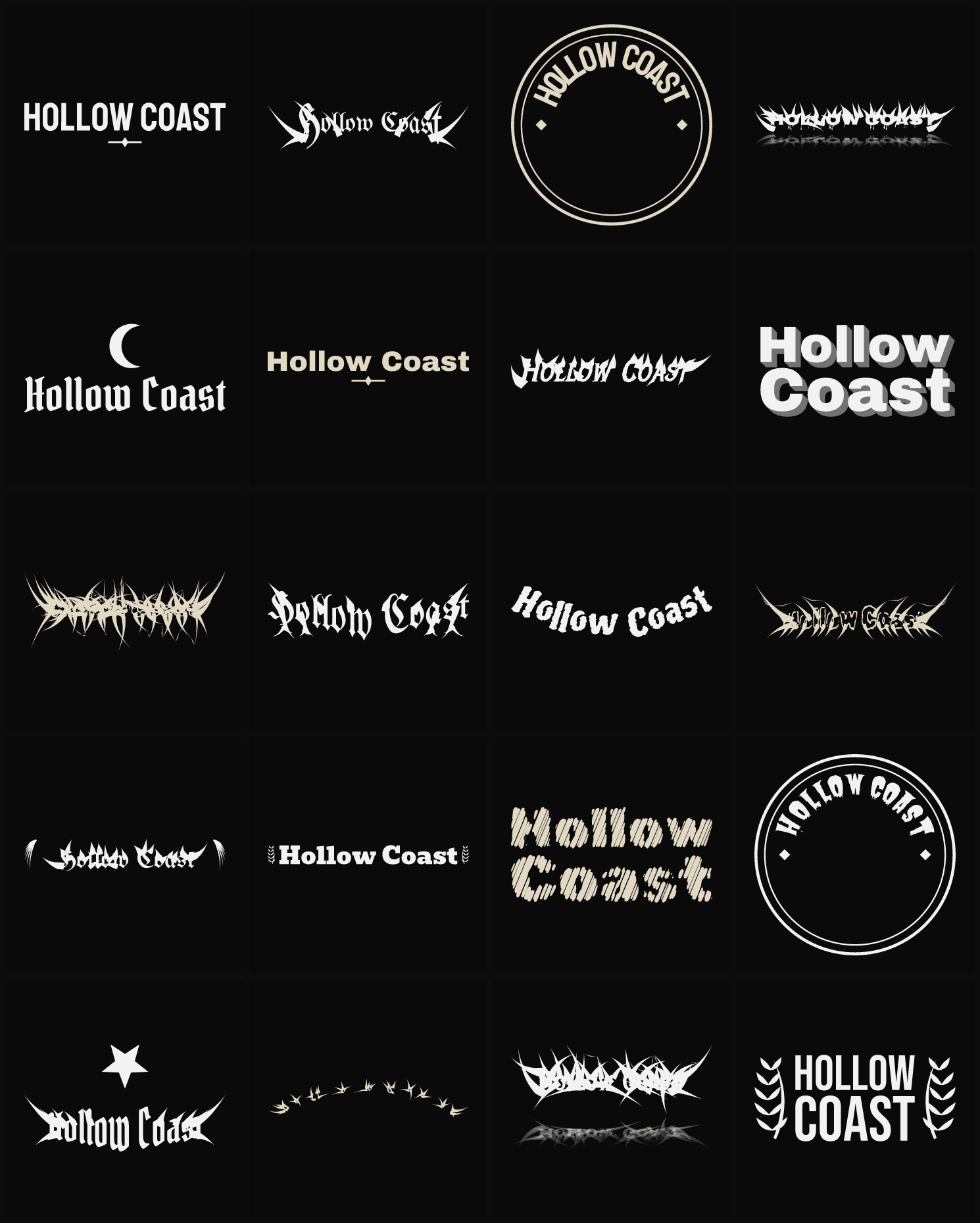 Twenty Hollow Coast band logo ideas — different faces, treatments and spike settings