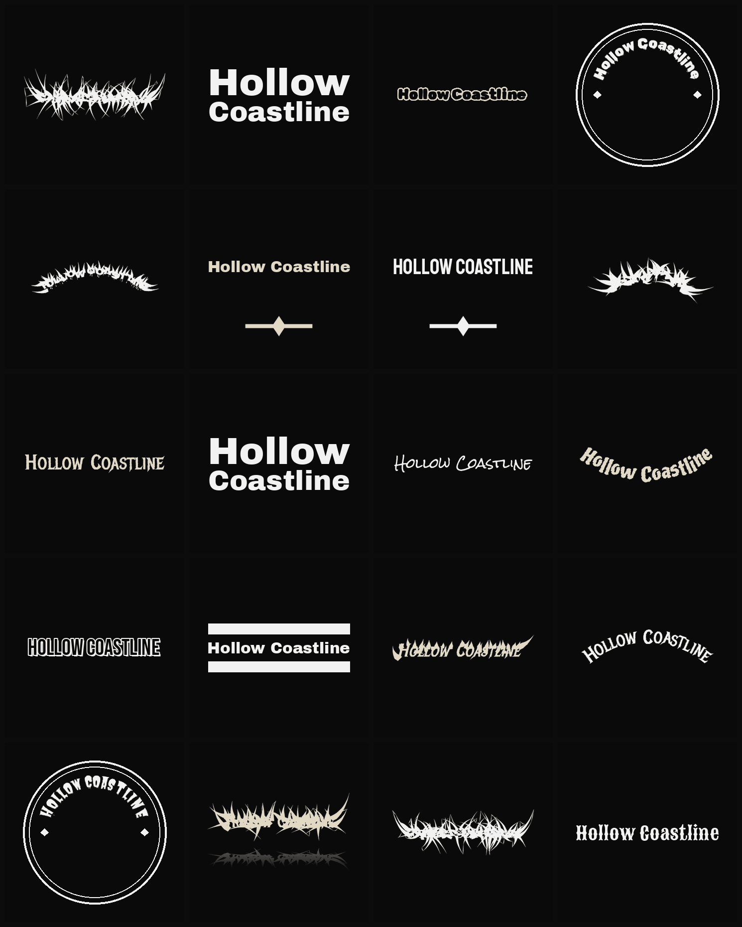 Twenty Hollow Coastline band logo ideas — different faces, treatments and spike settings