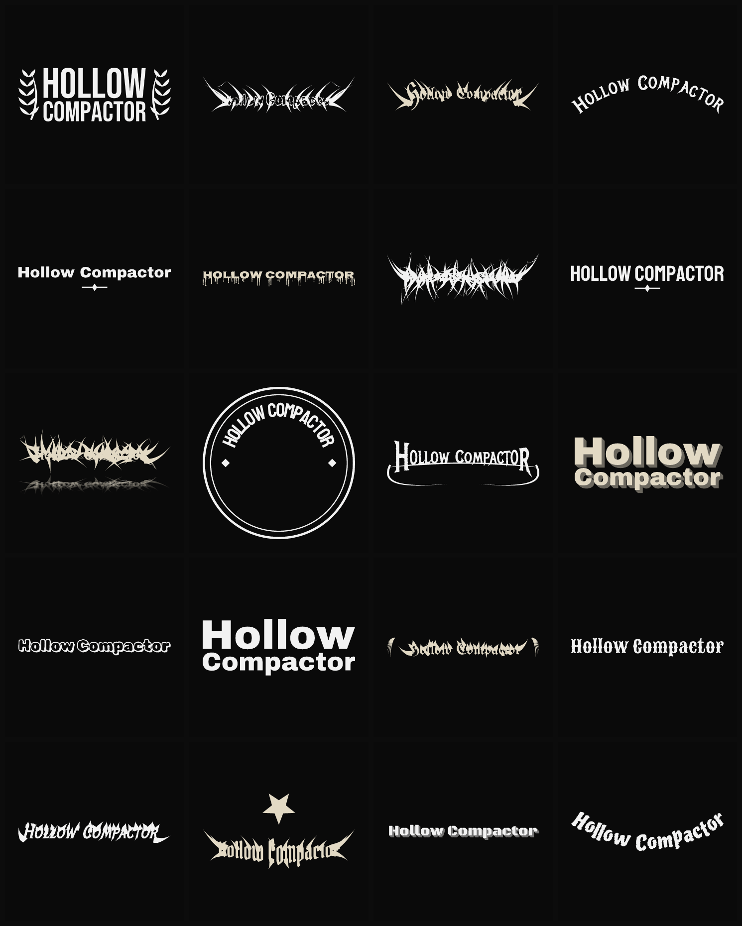 Twenty Hollow Compactor band logo ideas — different faces, treatments and spike settings
