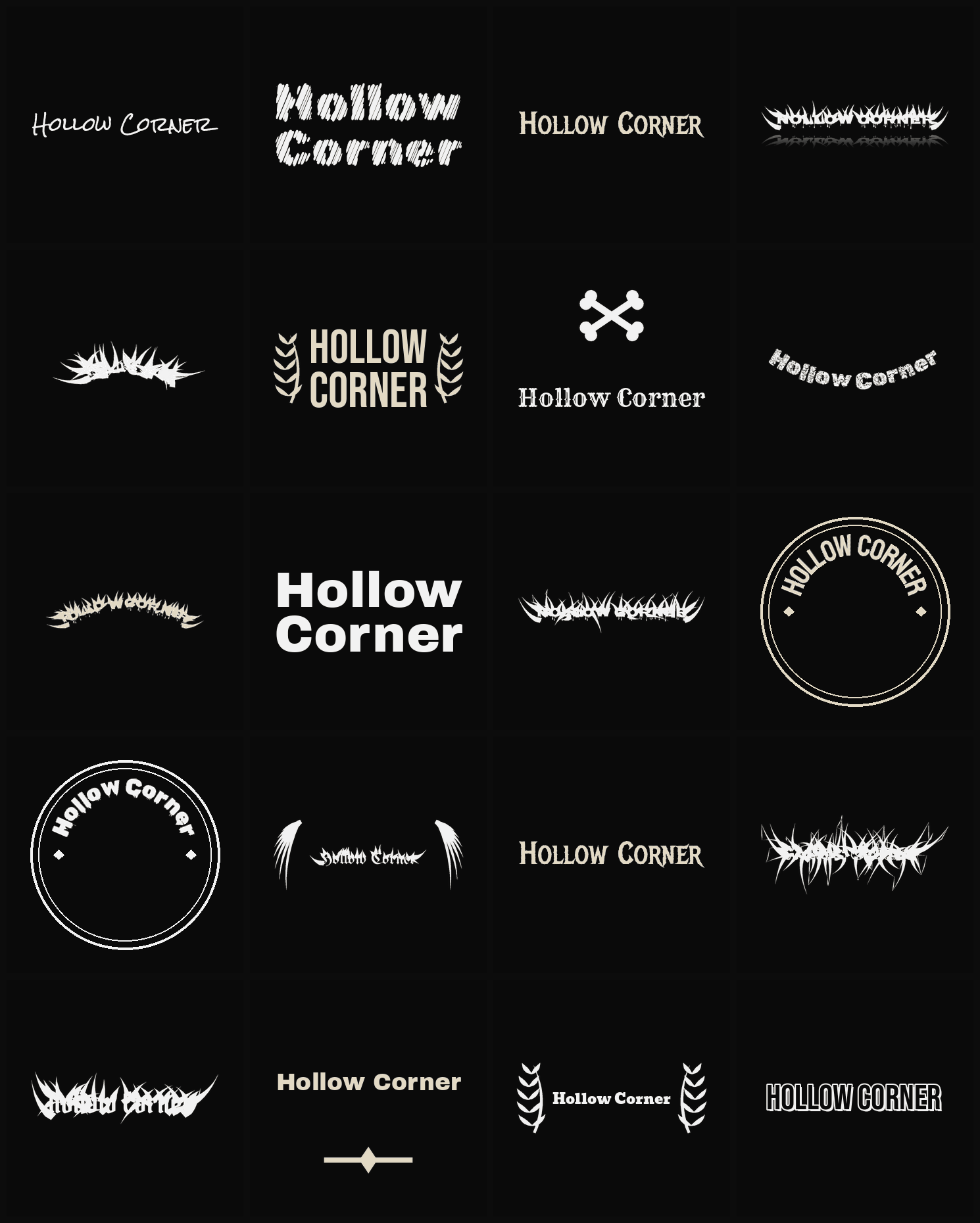 Twenty Hollow Corner band logo ideas — different faces, treatments and spike settings