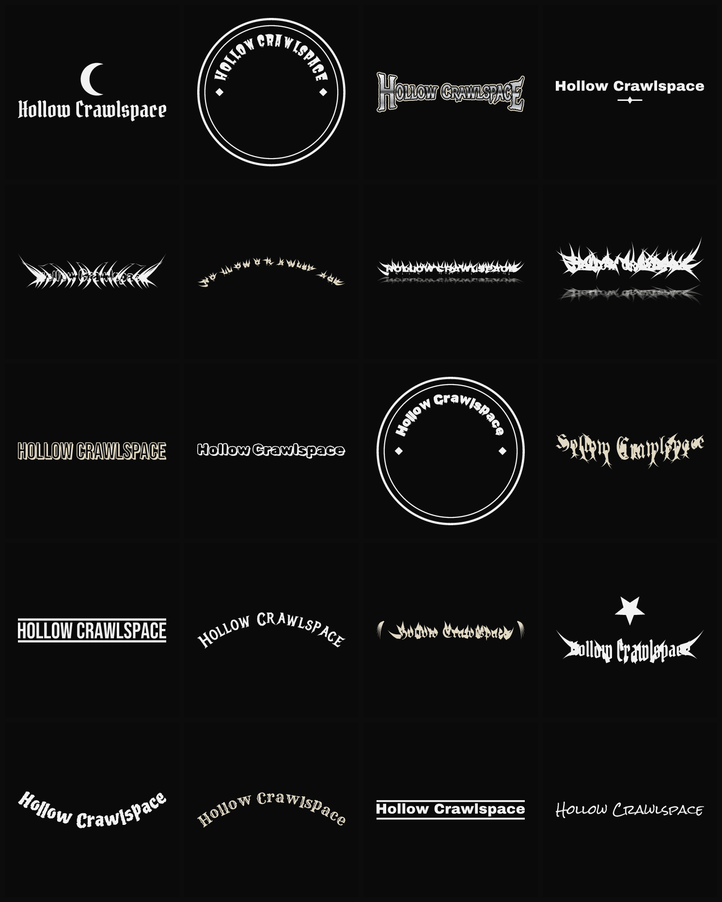 Twenty Hollow Crawlspace band logo ideas — different faces, treatments and spike settings