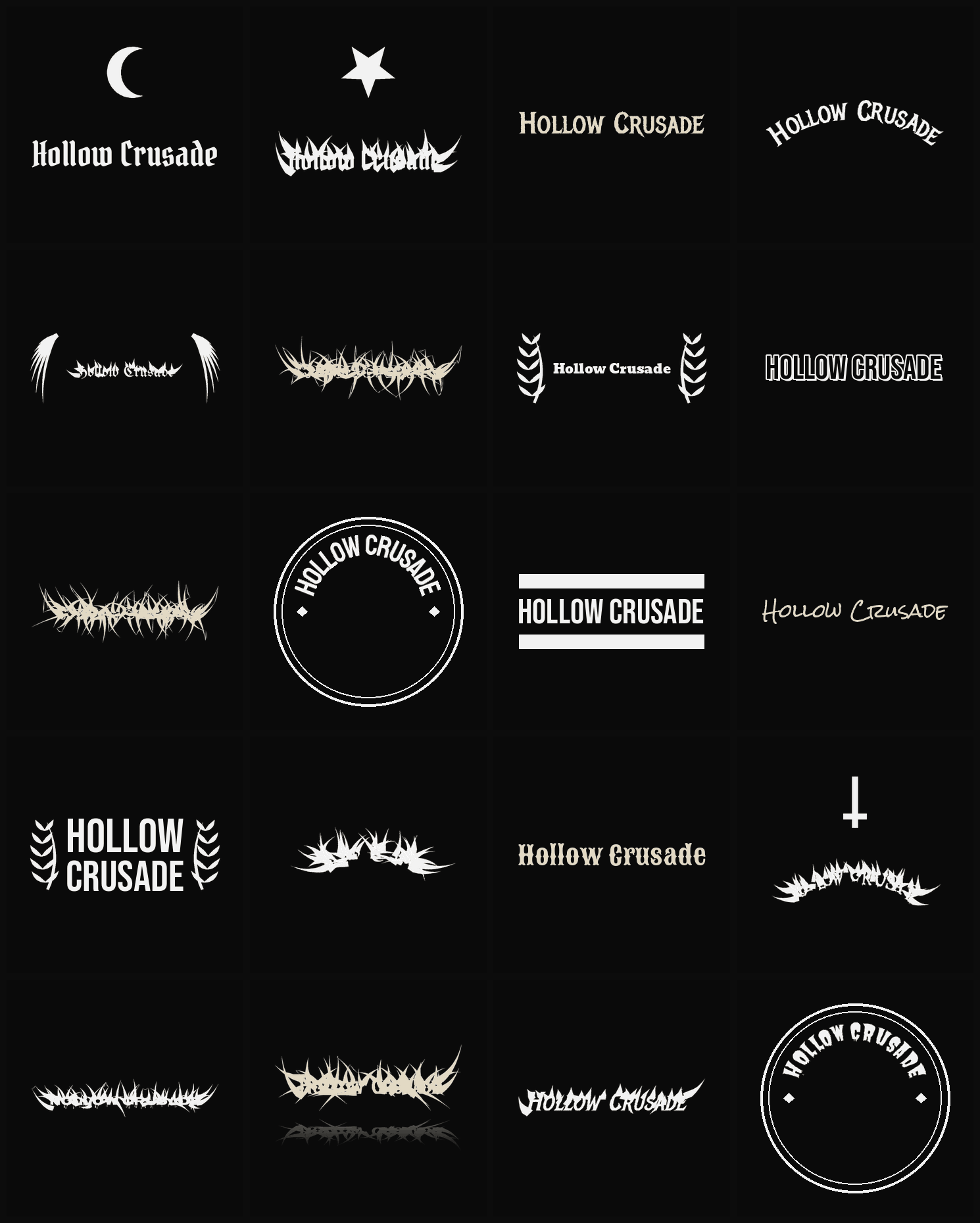 Twenty Hollow Crusade band logo ideas — different faces, treatments and spike settings