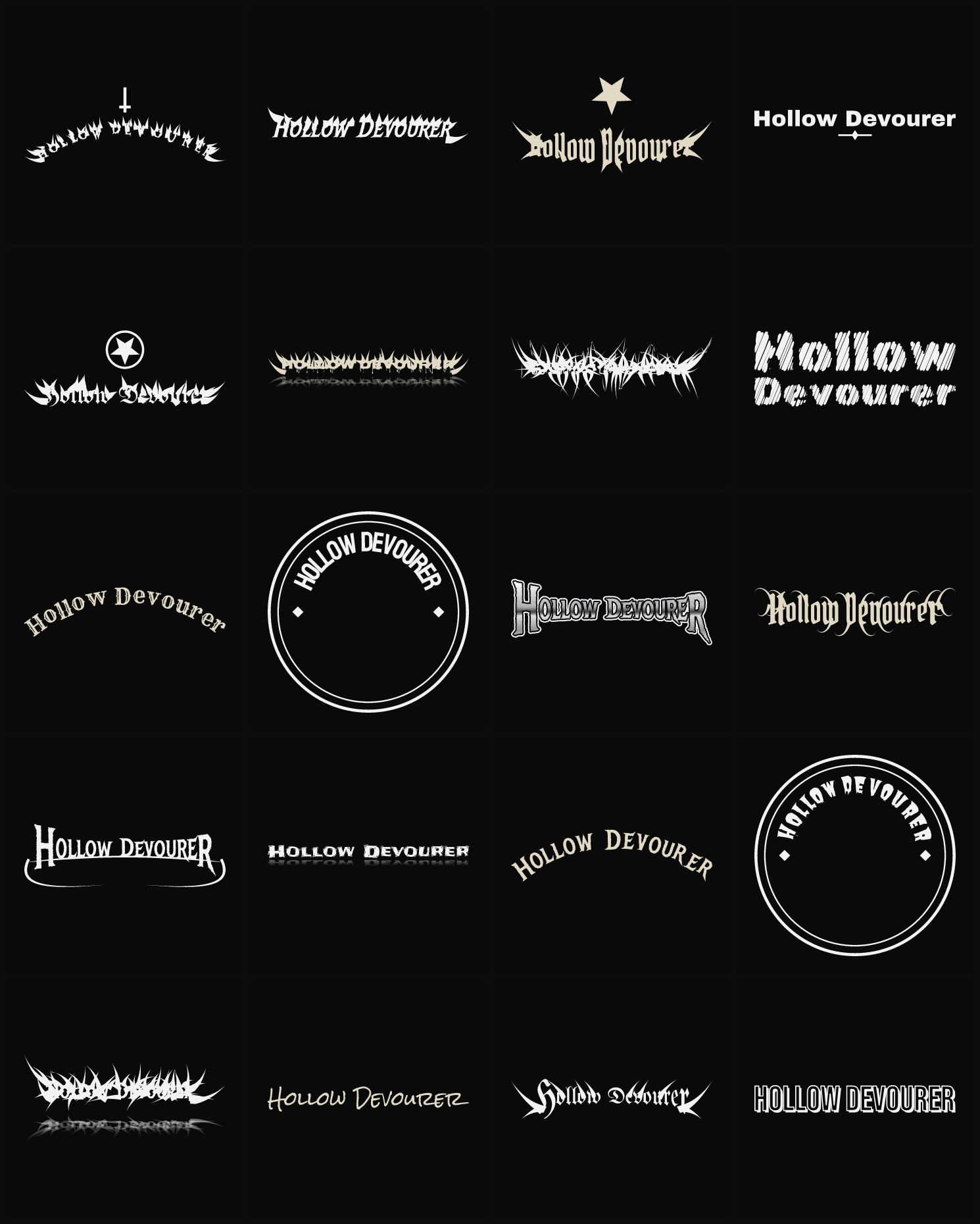 Twenty Hollow Devourer band logo ideas — different faces, treatments and spike settings
