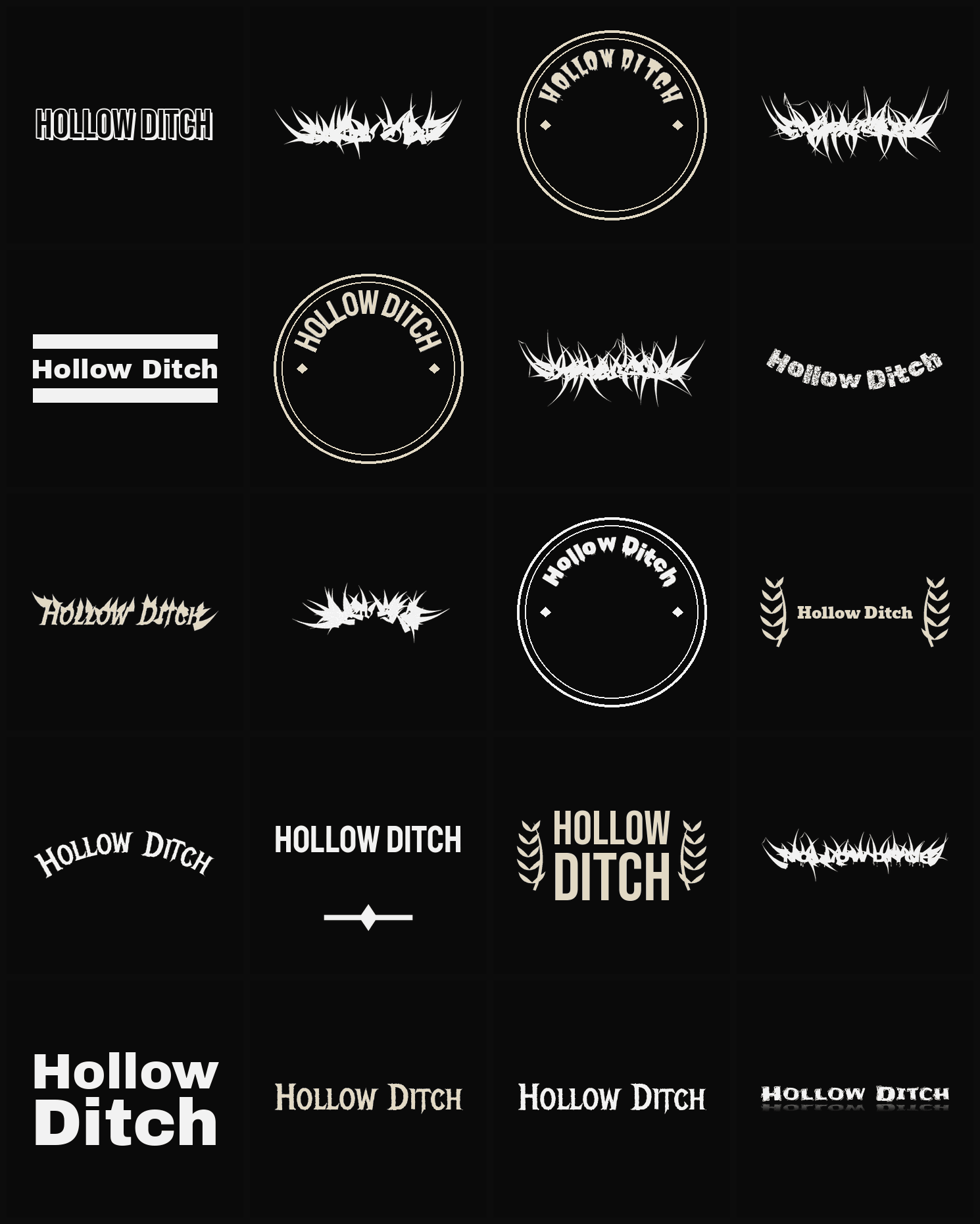 Twenty Hollow Ditch band logo ideas — different faces, treatments and spike settings