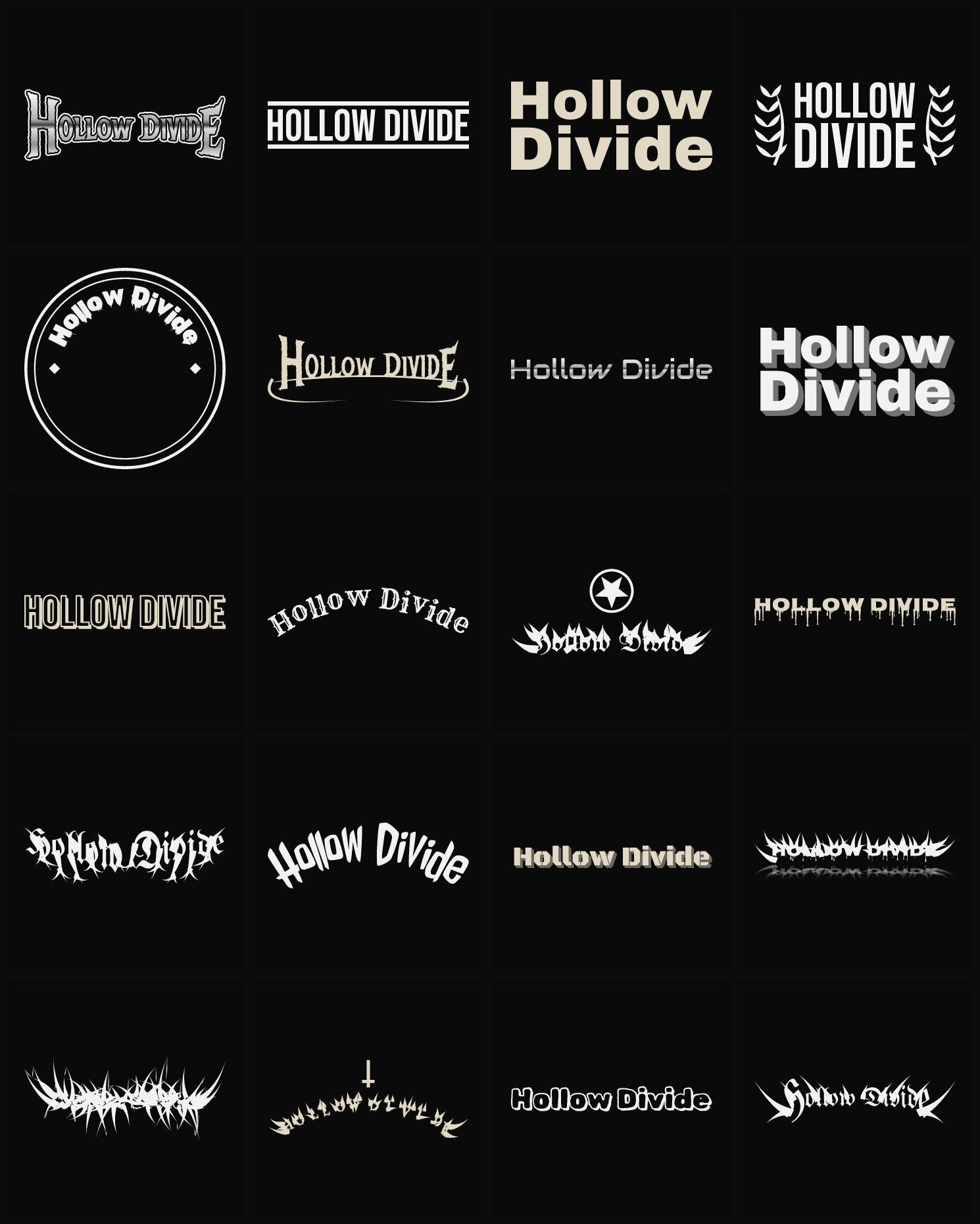 Twenty Hollow Divide band logo ideas — different faces, treatments and spike settings