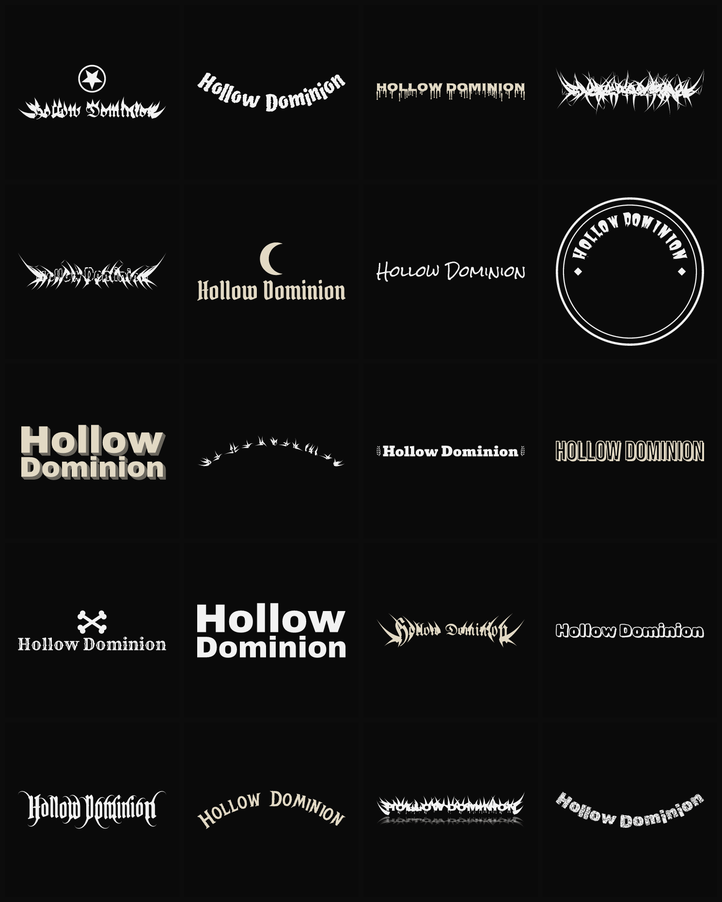 Twenty Hollow Dominion band logo ideas — different faces, treatments and spike settings