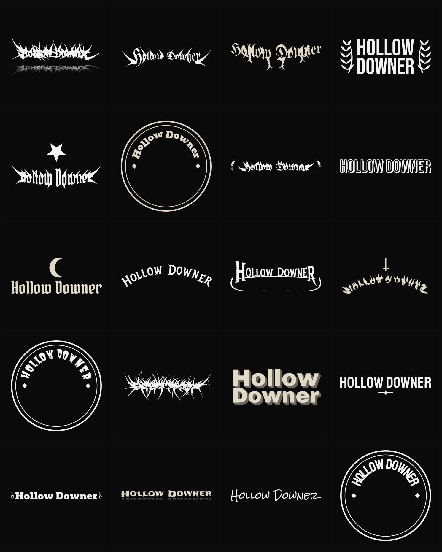 Twenty Hollow Downer band logo ideas — different faces, treatments and spike settings