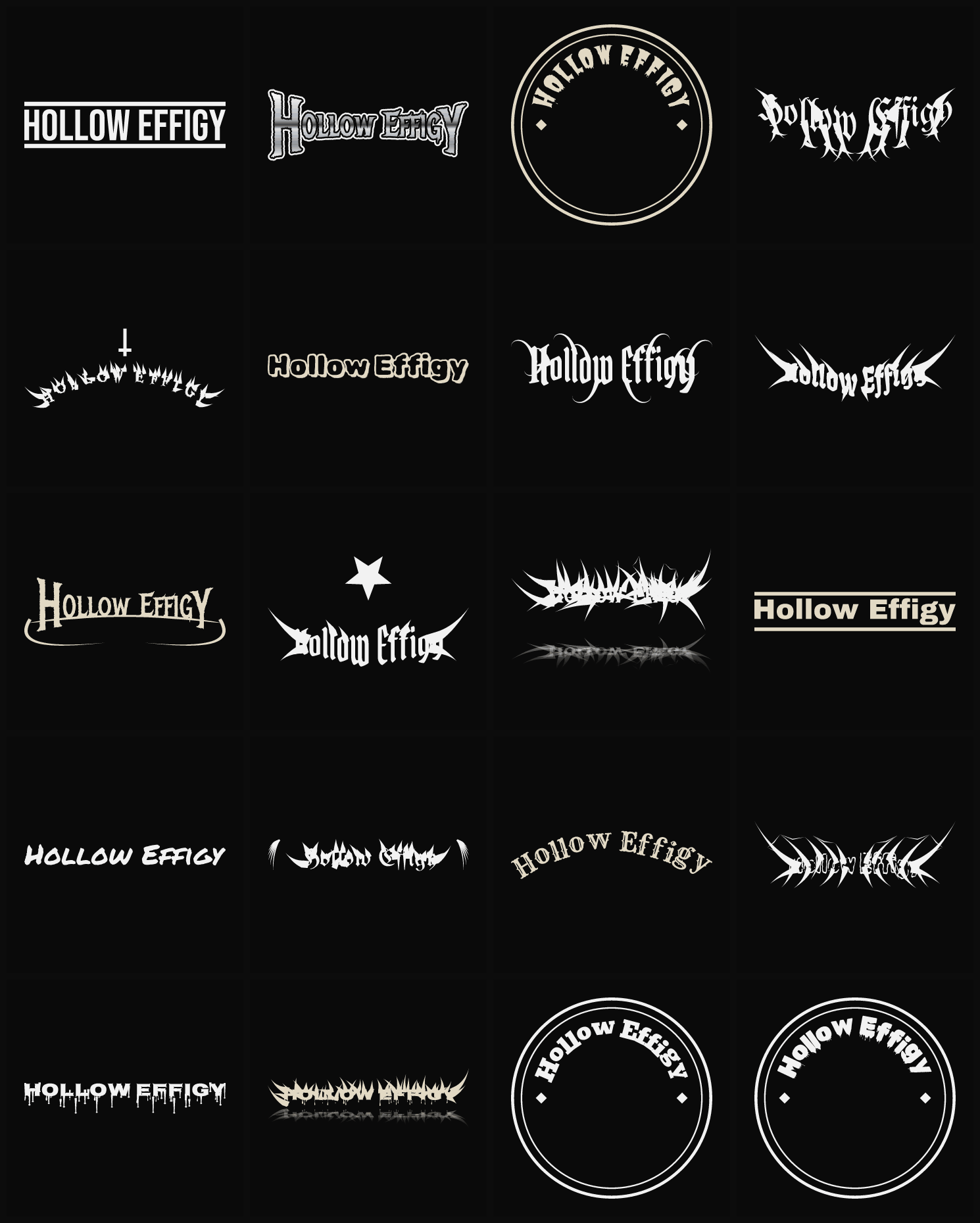 Twenty Hollow Effigy band logo ideas — different faces, treatments and spike settings