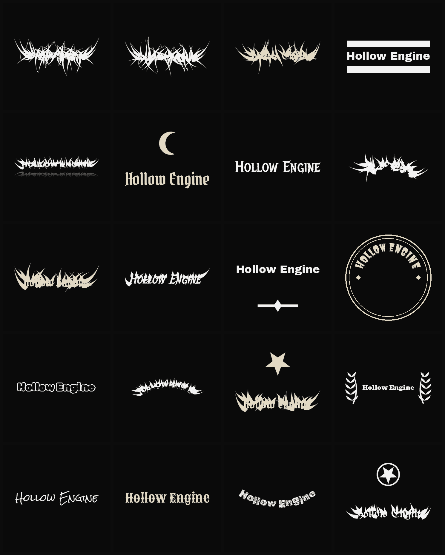 Twenty Hollow Engine band logo ideas — different faces, treatments and spike settings