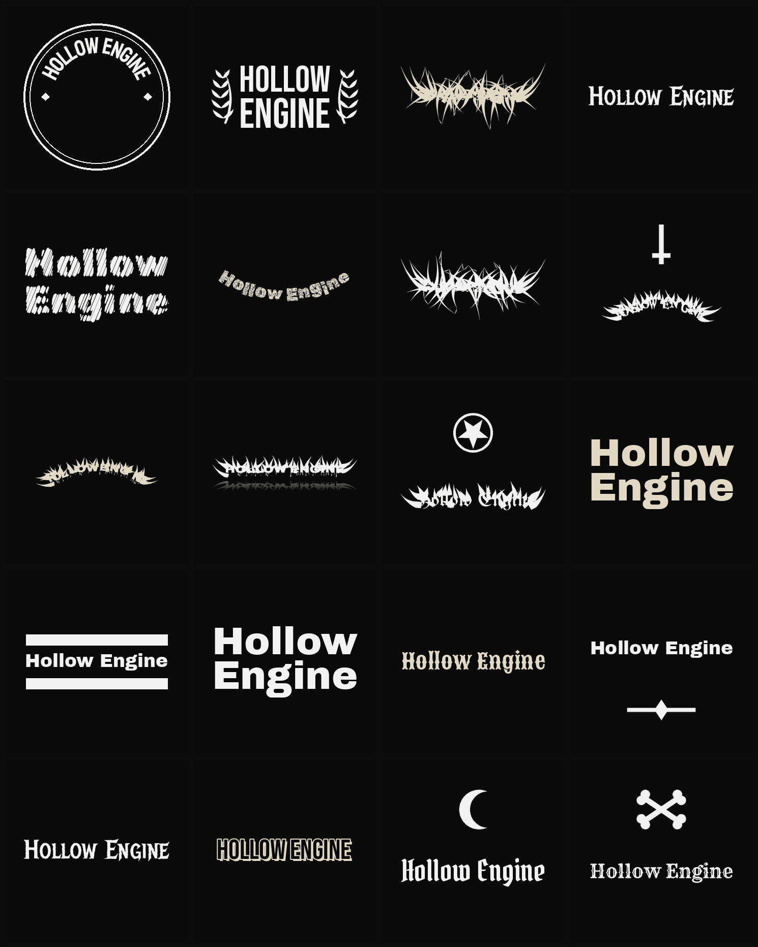 Twenty Hollow Engine band logo ideas — different faces, treatments and spike settings