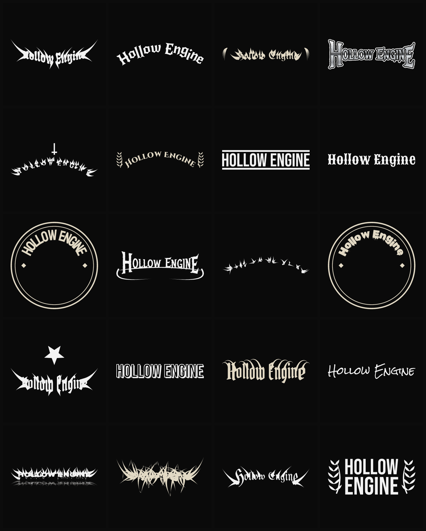 Twenty Hollow Engine band logo ideas — different faces, treatments and spike settings