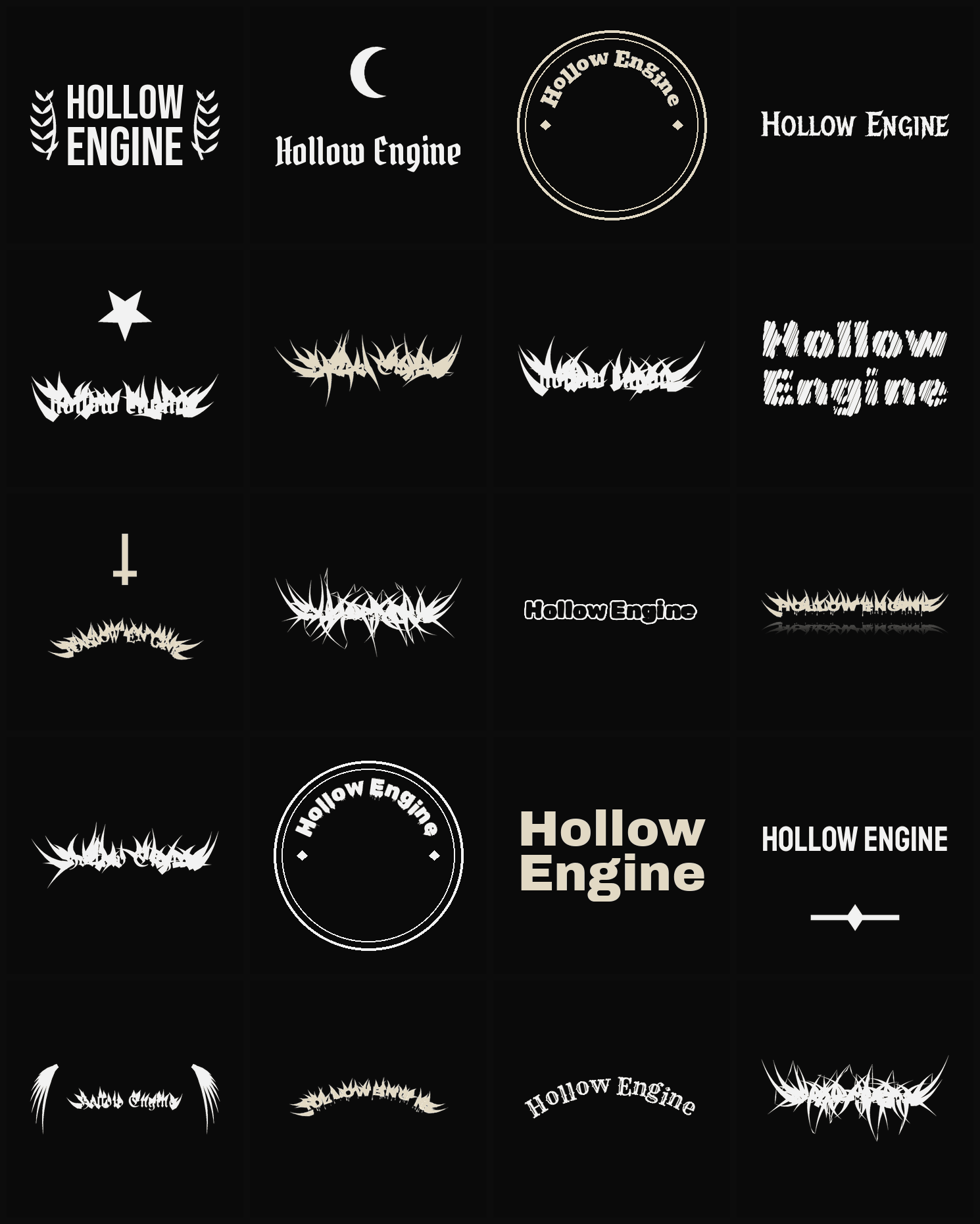 Twenty Hollow Engine band logo ideas — different faces, treatments and spike settings