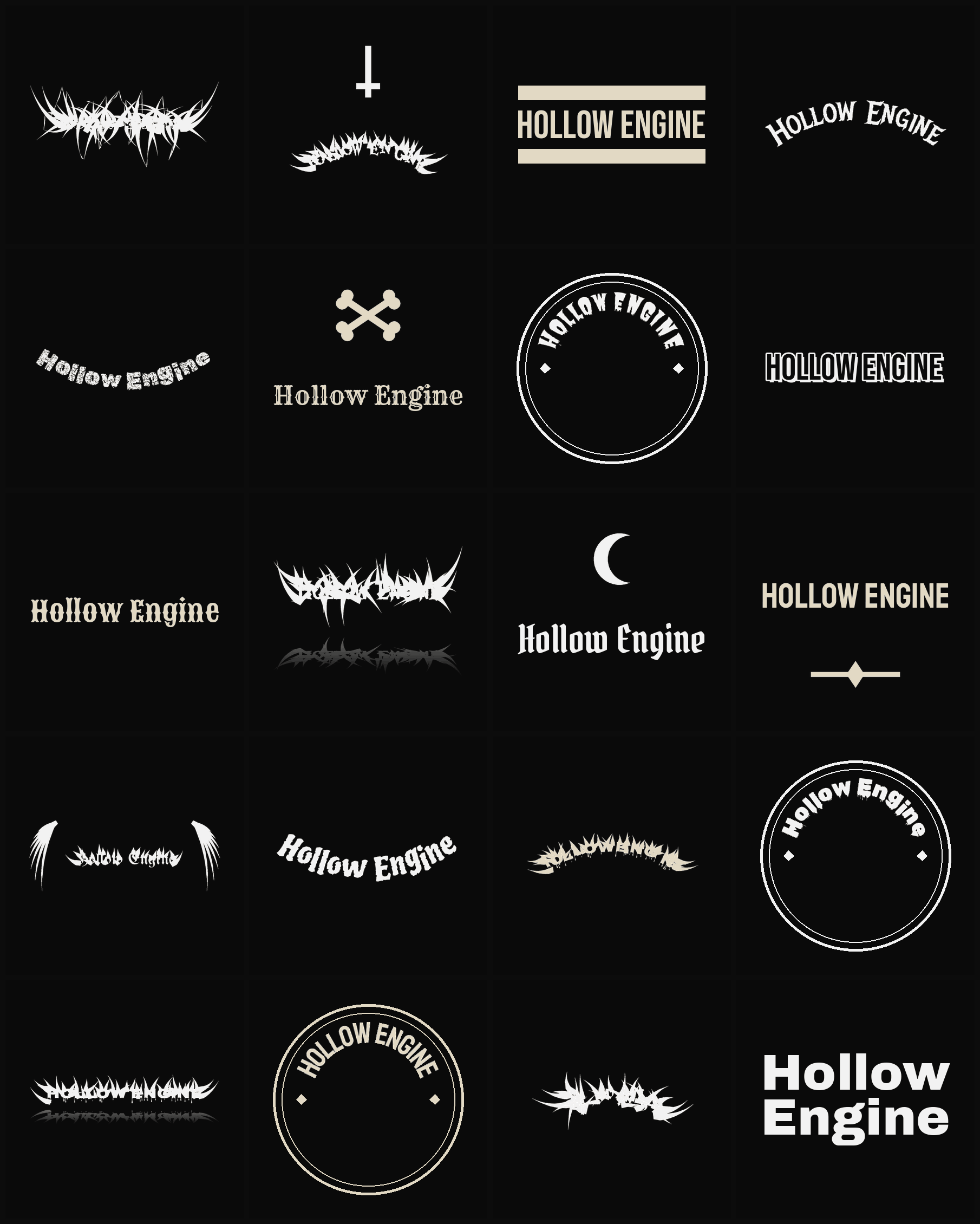 Twenty Hollow Engine band logo ideas — different faces, treatments and spike settings