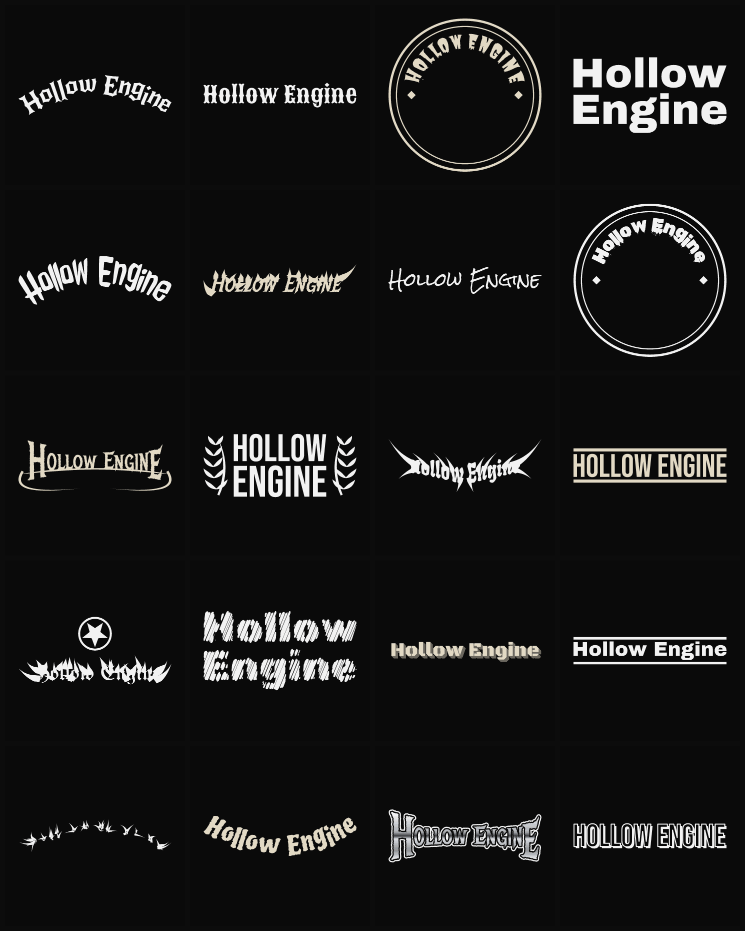 Twenty Hollow Engine band logo ideas — different faces, treatments and spike settings