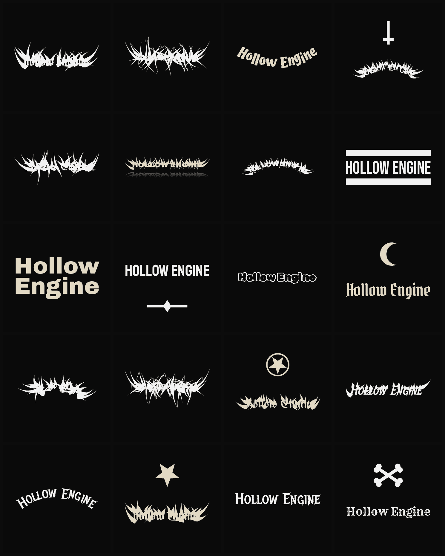 Twenty Hollow Engine band logo ideas — different faces, treatments and spike settings
