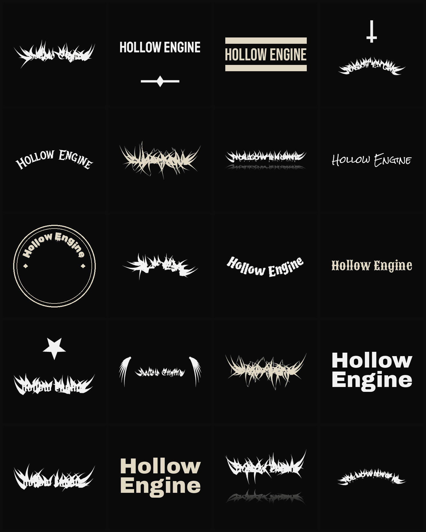 Twenty Hollow Engine band logo ideas — different faces, treatments and spike settings