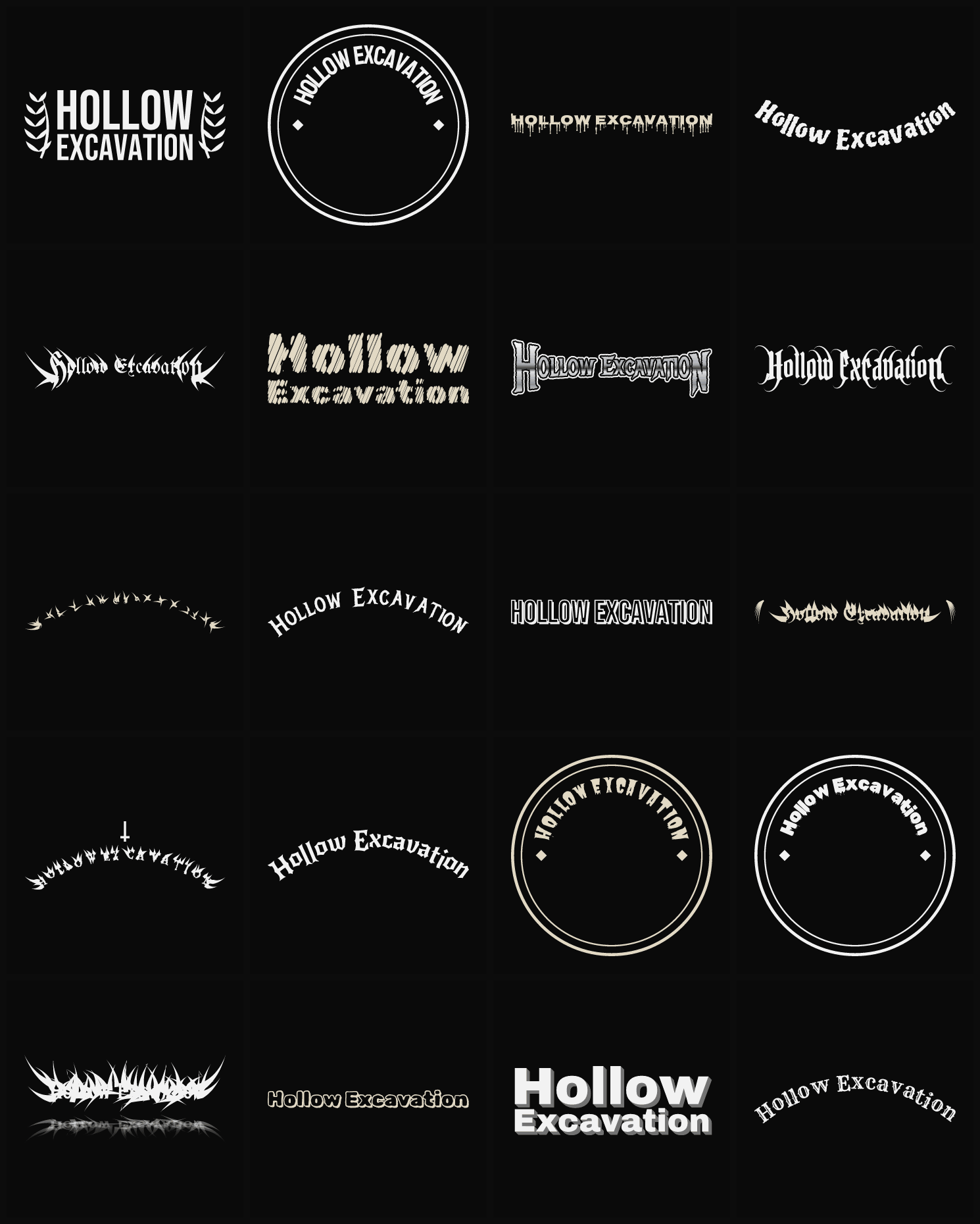 Twenty Hollow Excavation band logo ideas — different faces, treatments and spike settings