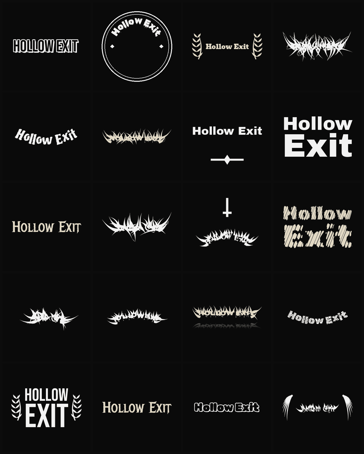 Twenty Hollow Exit band logo ideas — different faces, treatments and spike settings