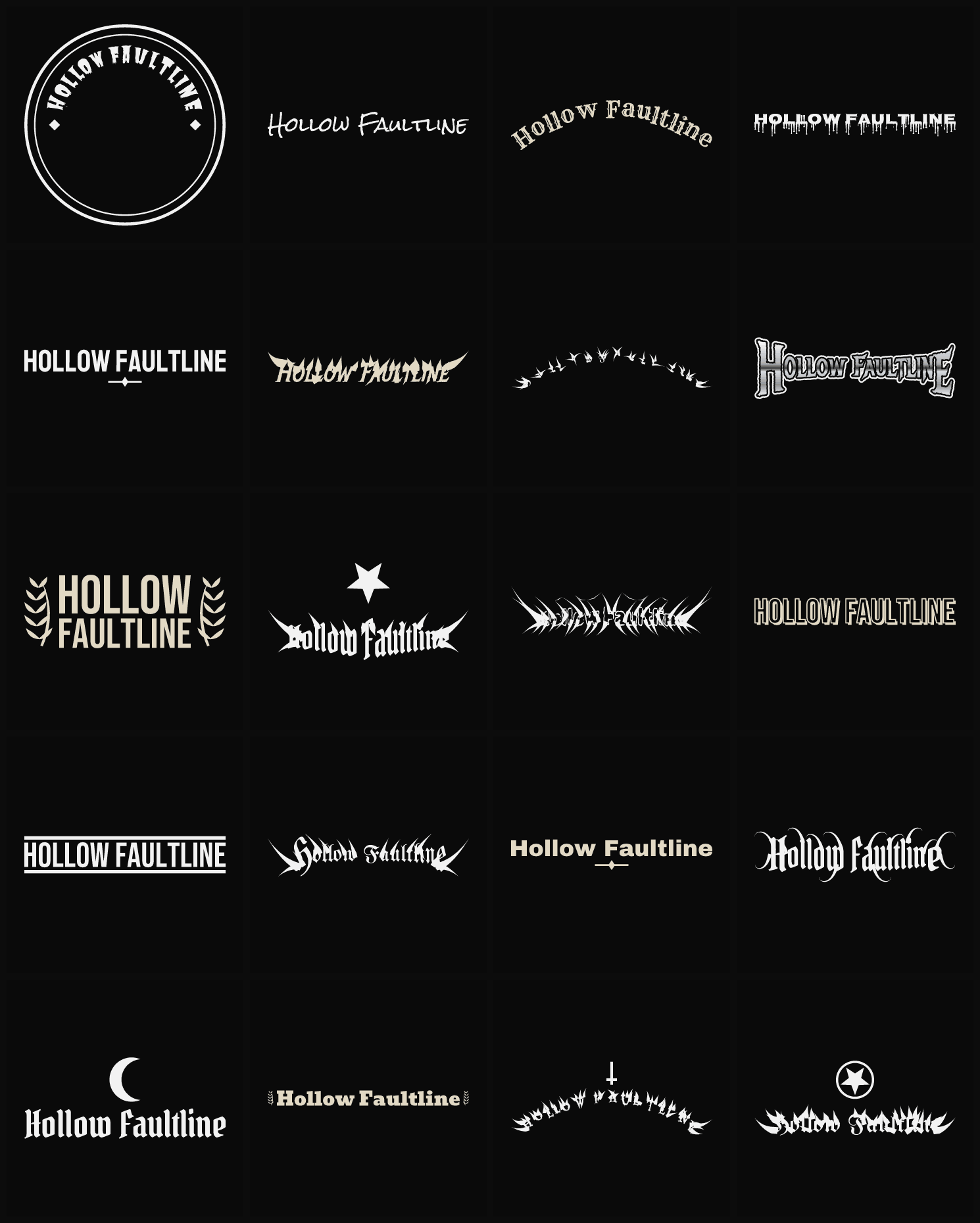 Twenty Hollow Faultline band logo ideas — different faces, treatments and spike settings