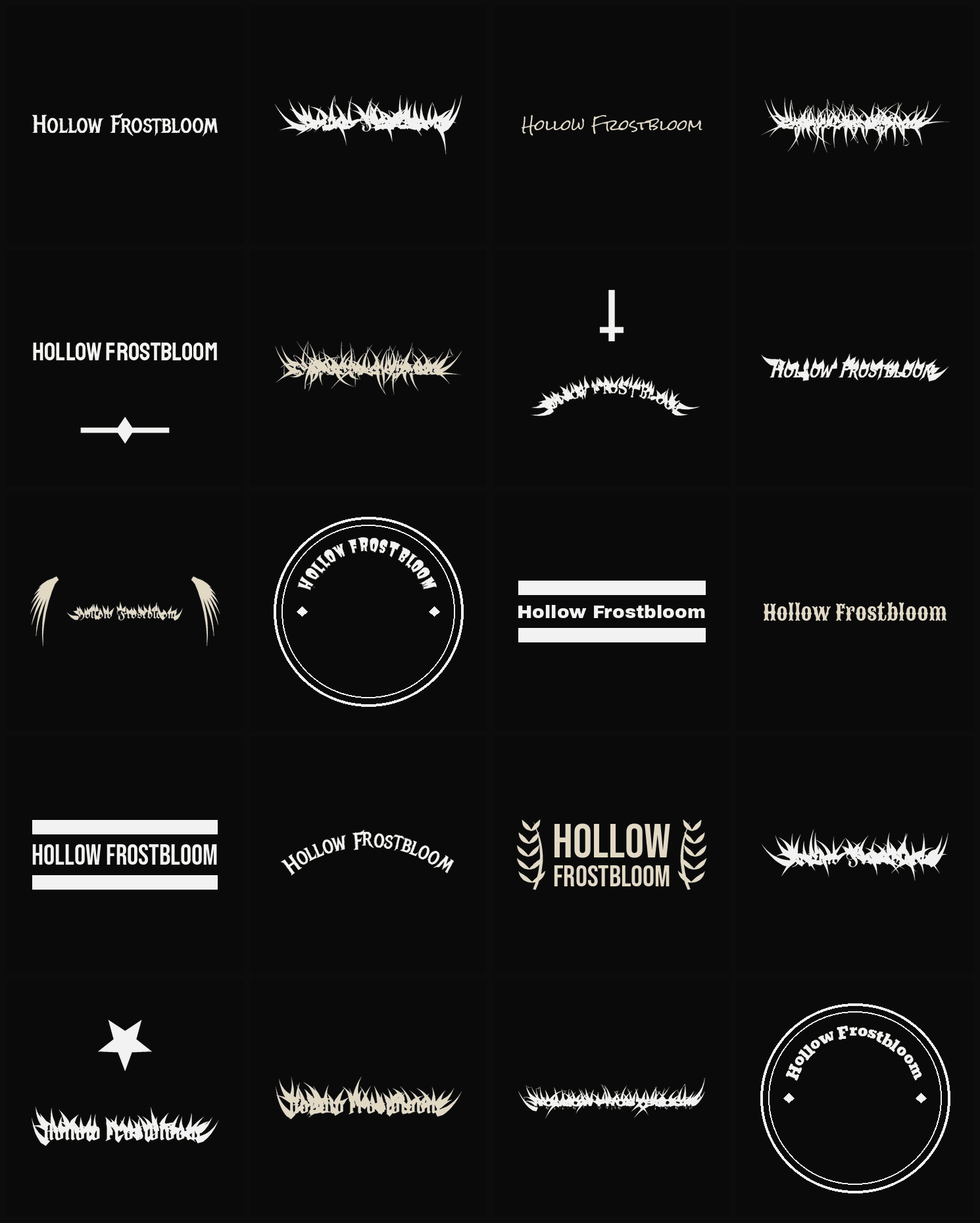 Twenty Hollow Frostbloom band logo ideas — different faces, treatments and spike settings