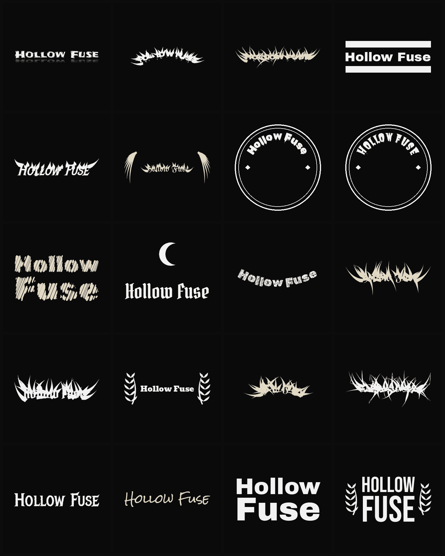 Twenty Hollow Fuse band logo ideas — different faces, treatments and spike settings