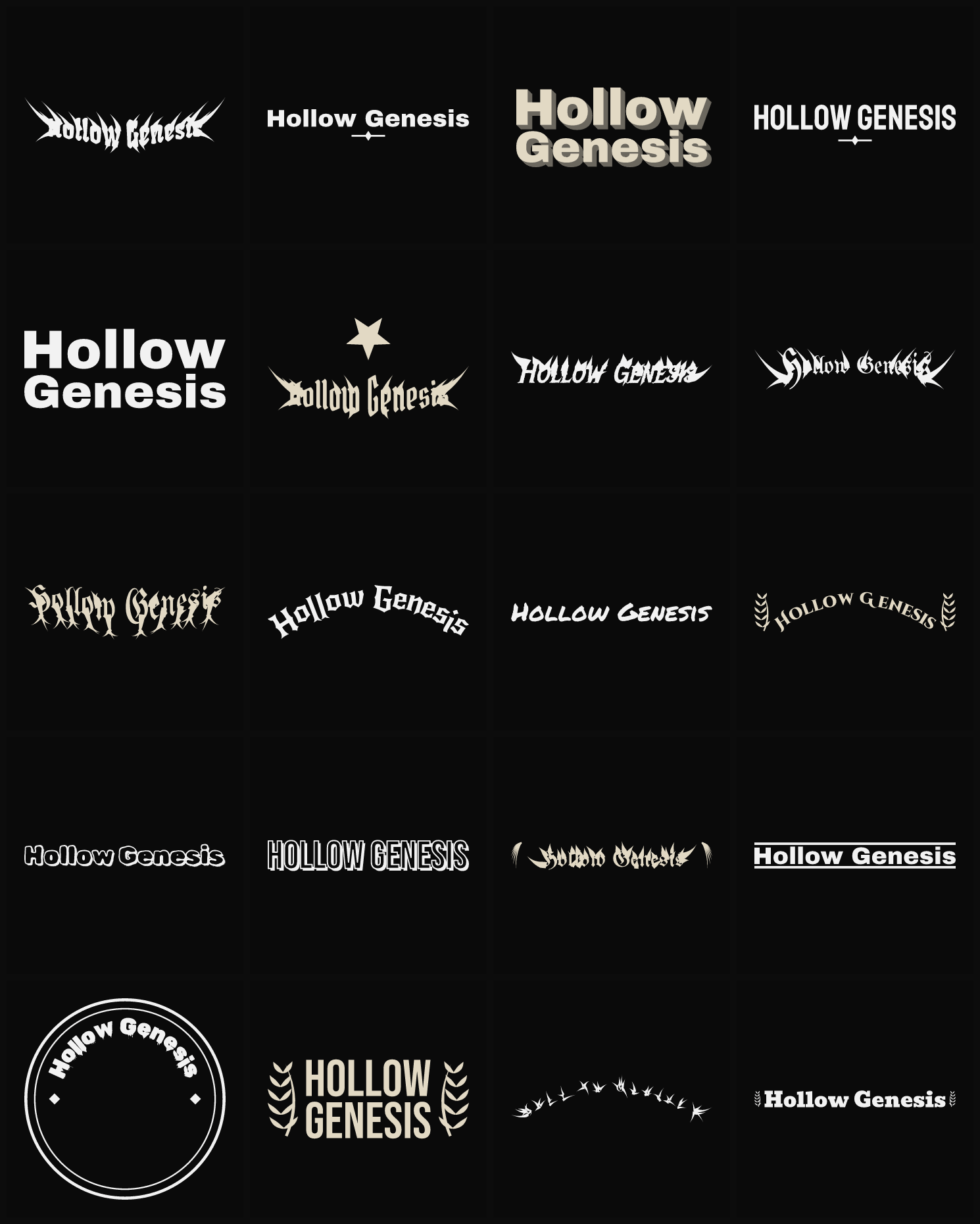 Twenty Hollow Genesis band logo ideas — different faces, treatments and spike settings