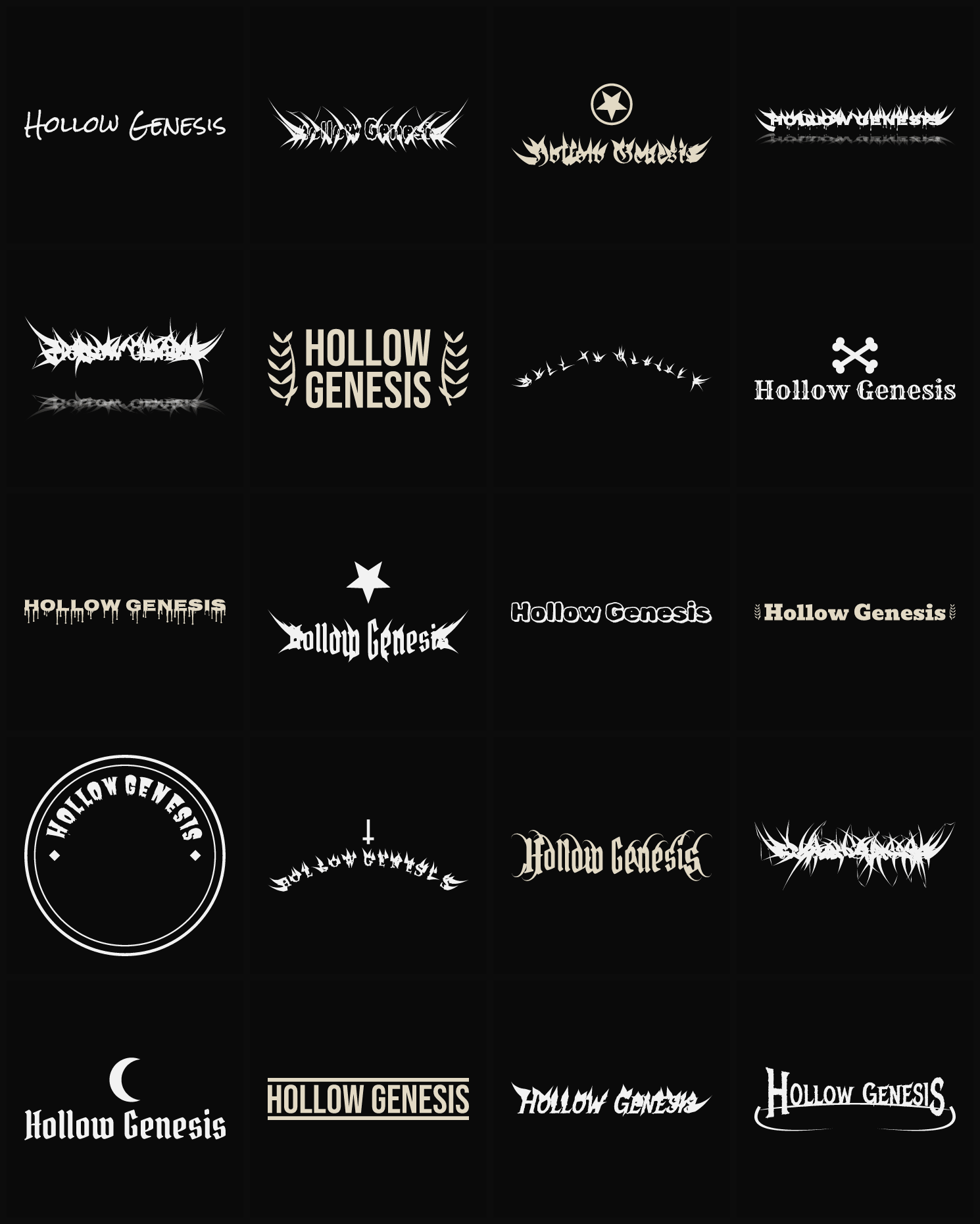 Twenty Hollow Genesis band logo ideas — different faces, treatments and spike settings