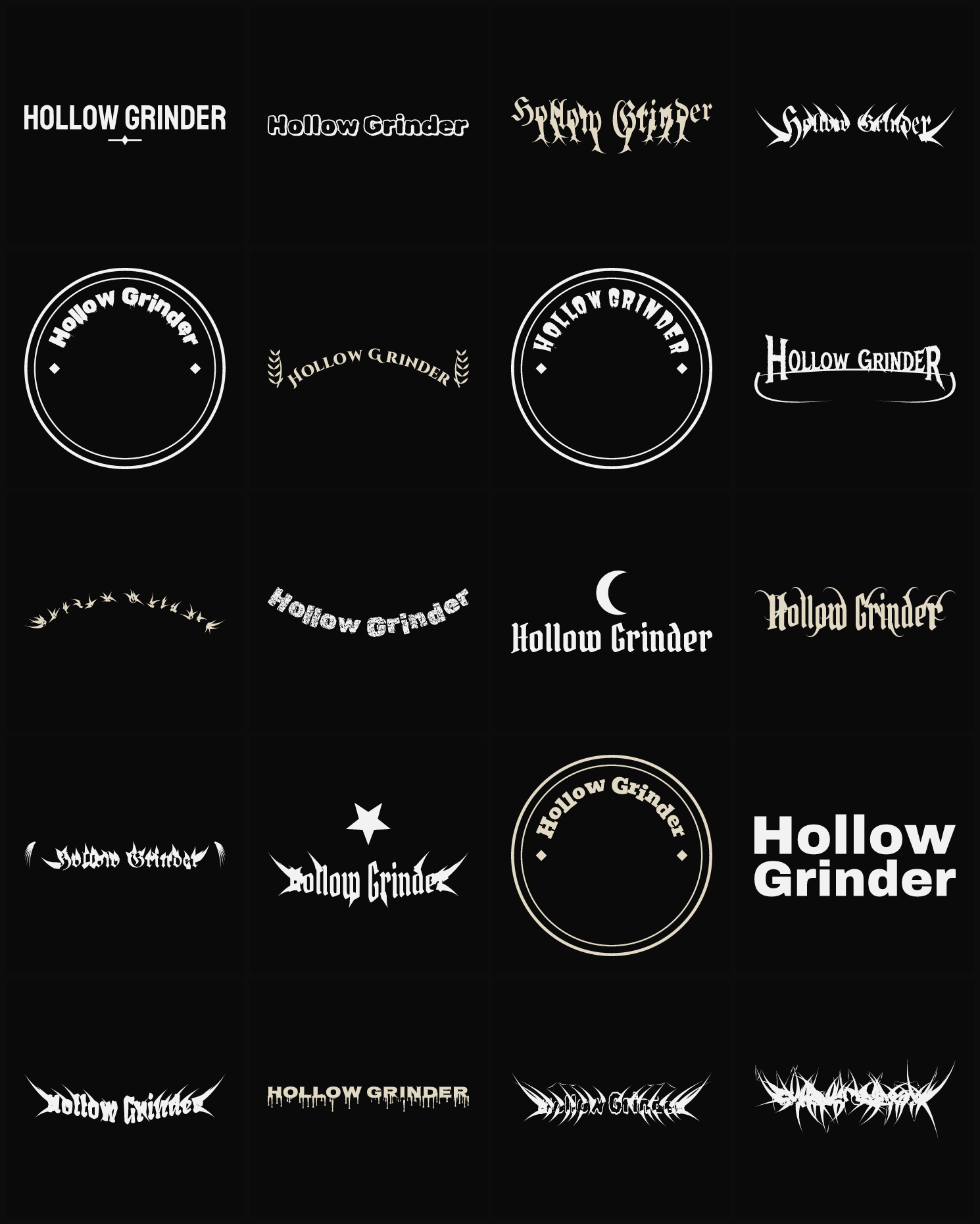 Twenty Hollow Grinder band logo ideas — different faces, treatments and spike settings