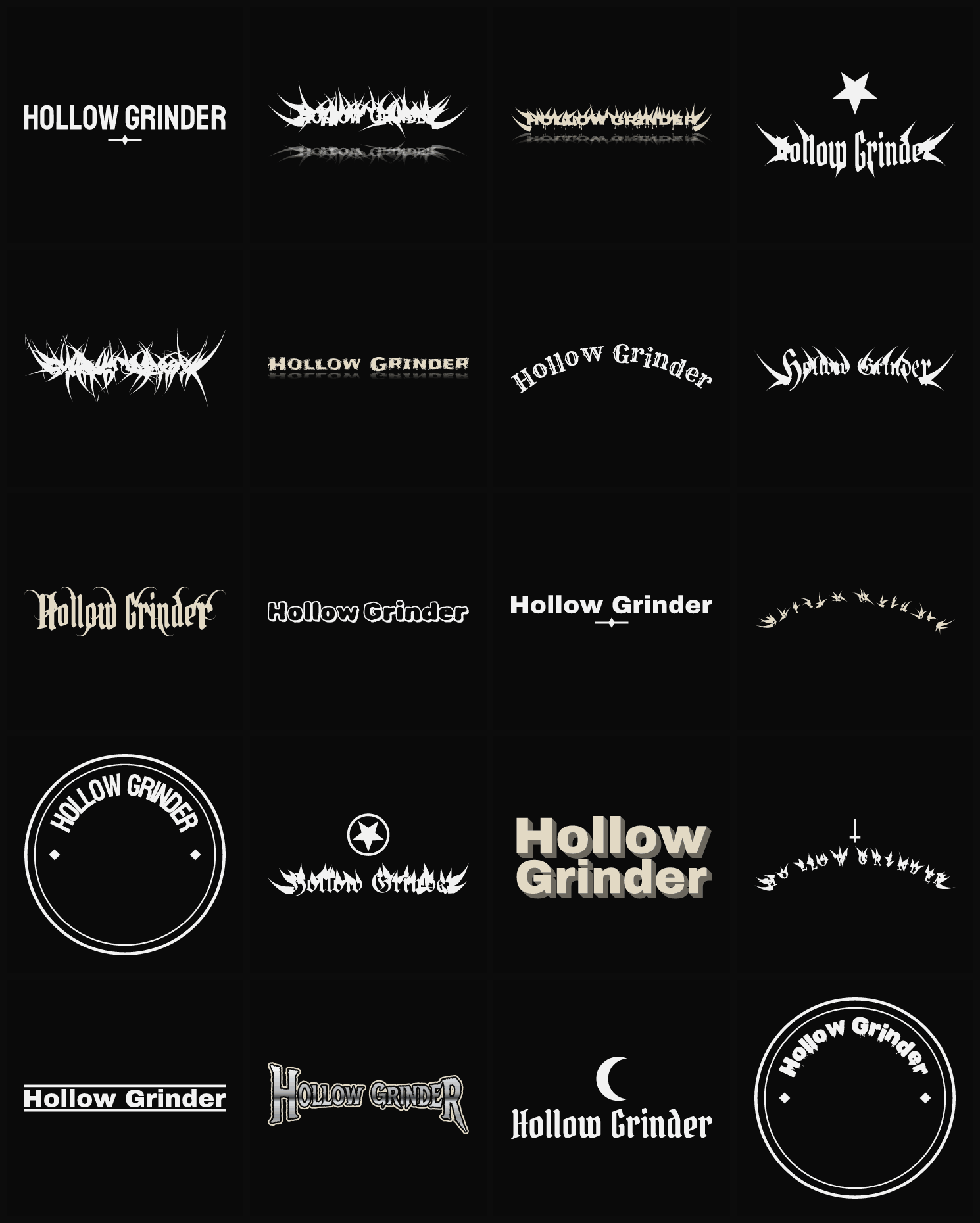 Twenty Hollow Grinder band logo ideas — different faces, treatments and spike settings
