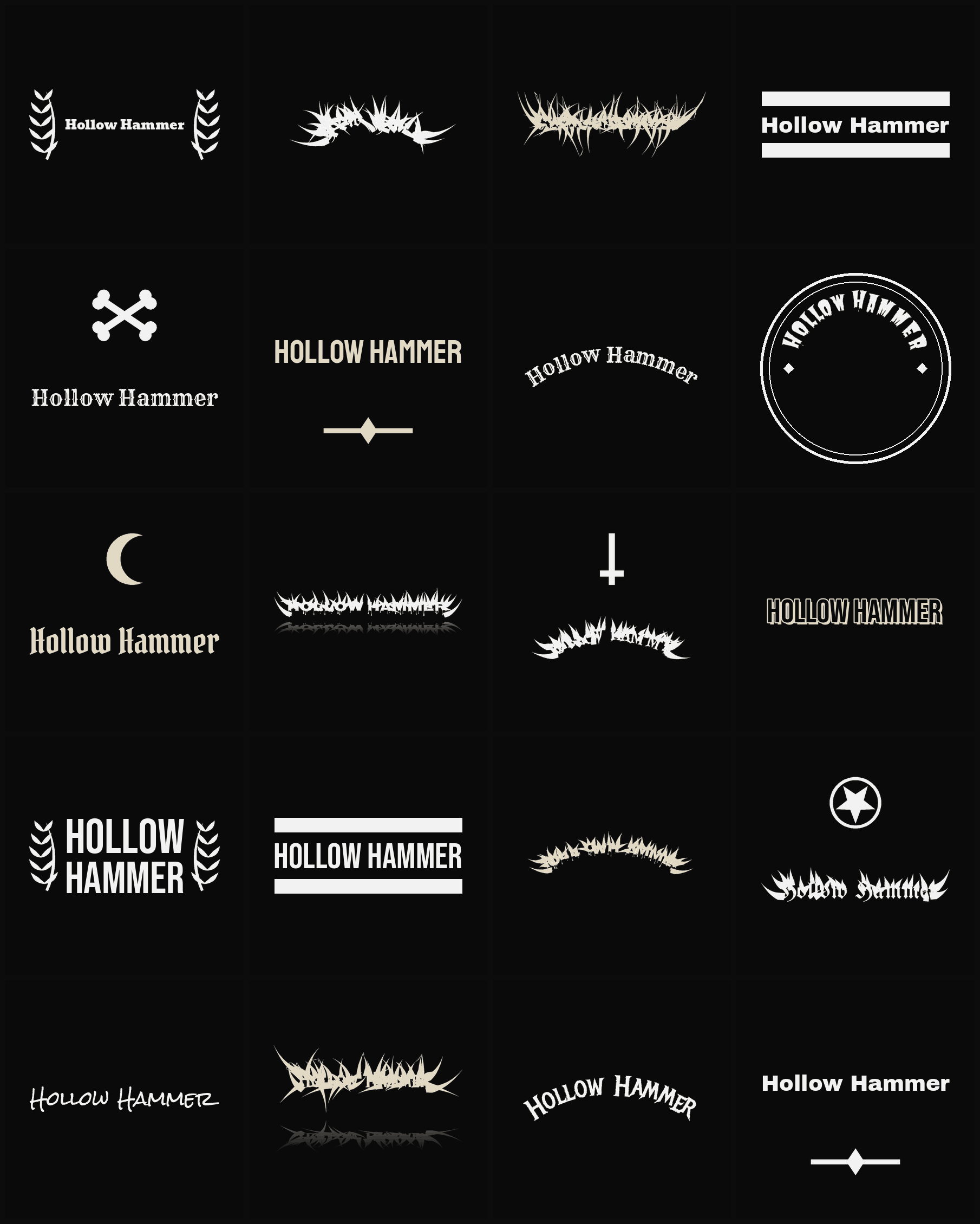 Twenty Hollow Hammer band logo ideas — different faces, treatments and spike settings