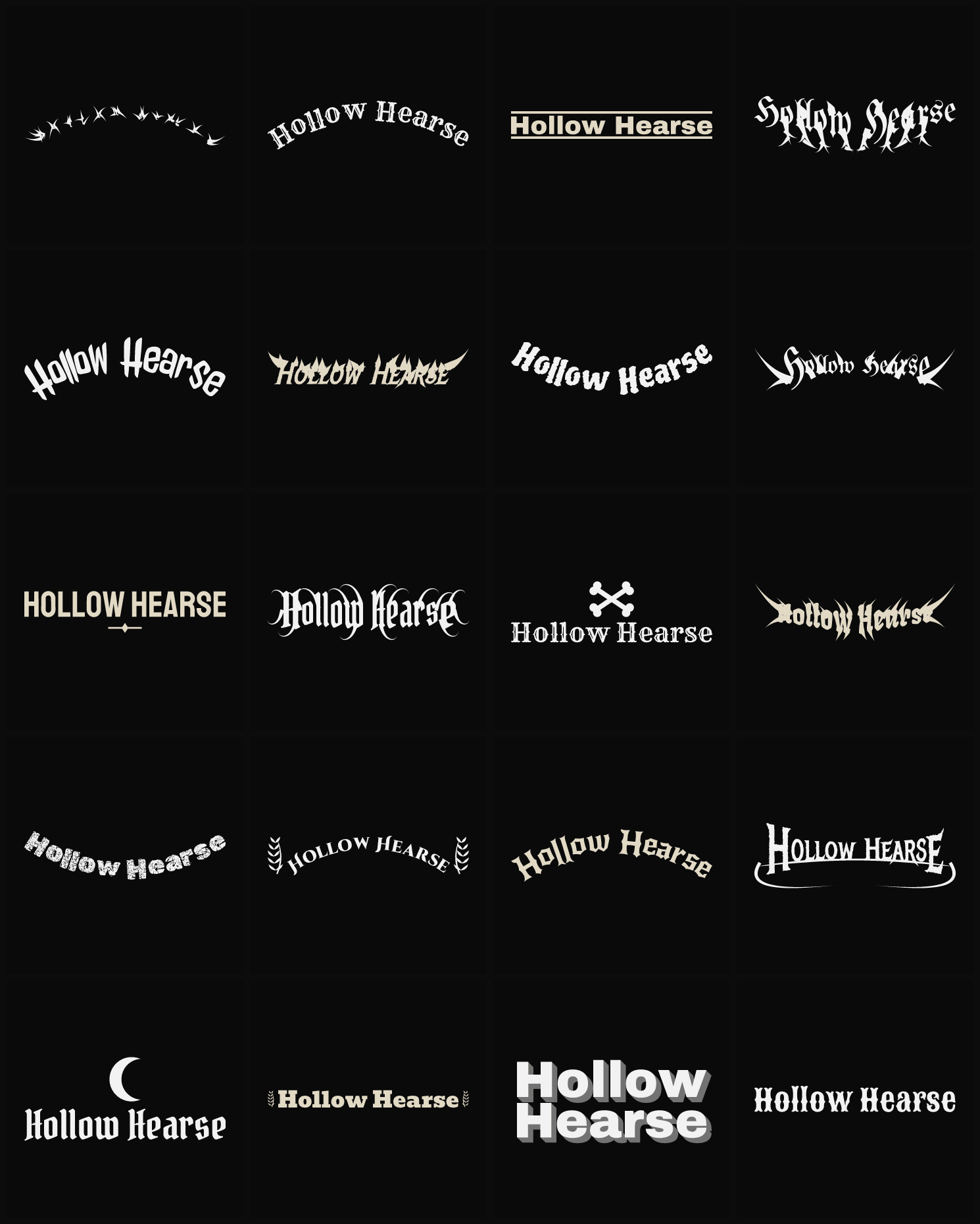 Twenty Hollow Hearse band logo ideas — different faces, treatments and spike settings