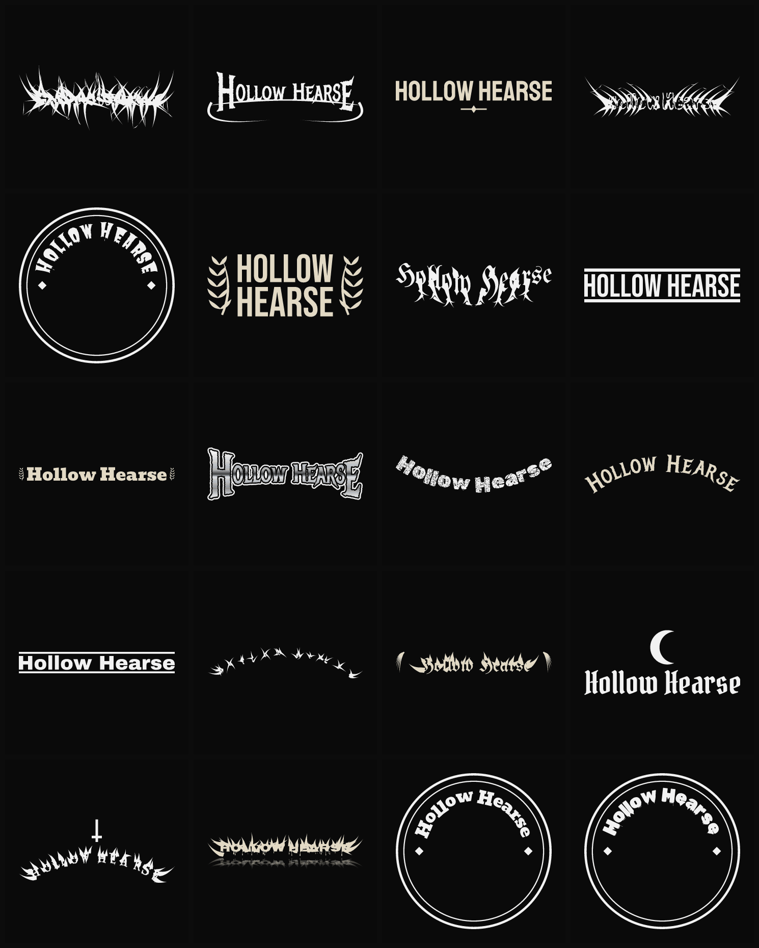 Twenty Hollow Hearse band logo ideas — different faces, treatments and spike settings