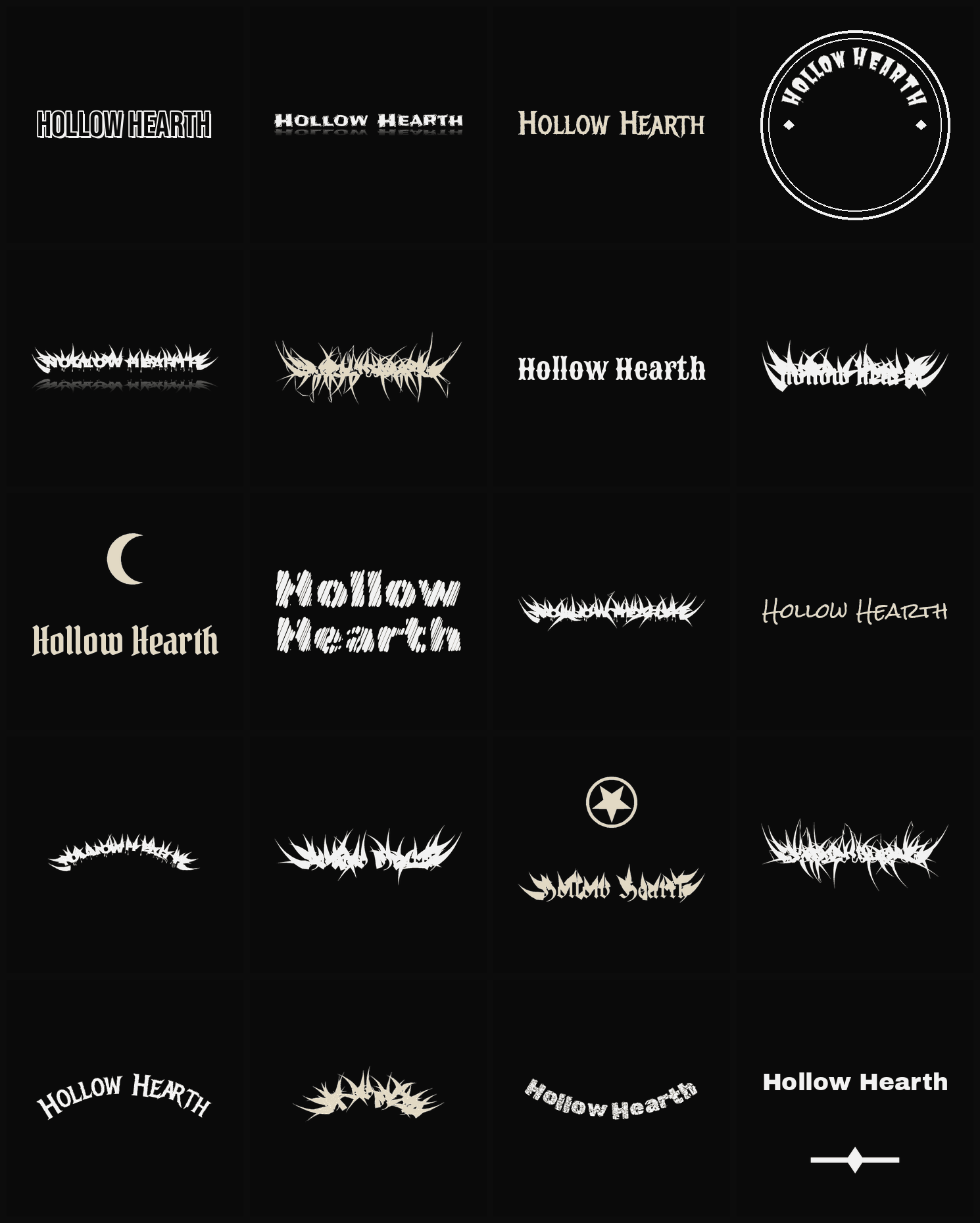 Twenty Hollow Hearth band logo ideas — different faces, treatments and spike settings