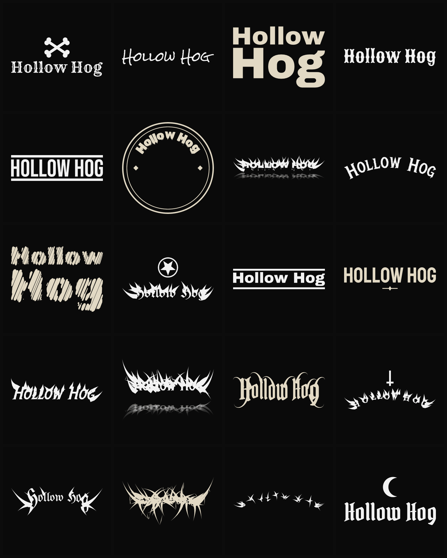 Twenty Hollow Hog band logo ideas — different faces, treatments and spike settings