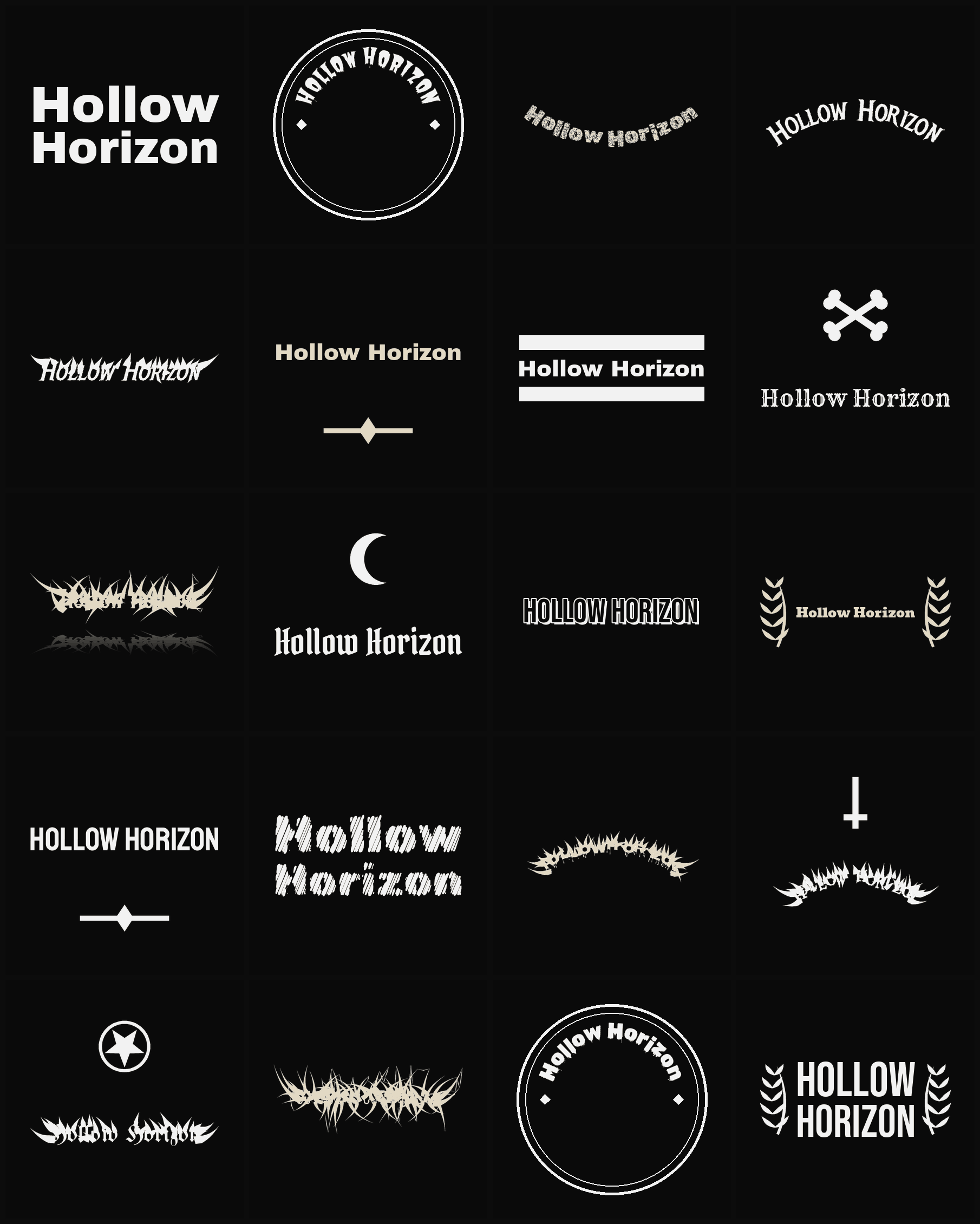 Twenty Hollow Horizon band logo ideas — different faces, treatments and spike settings