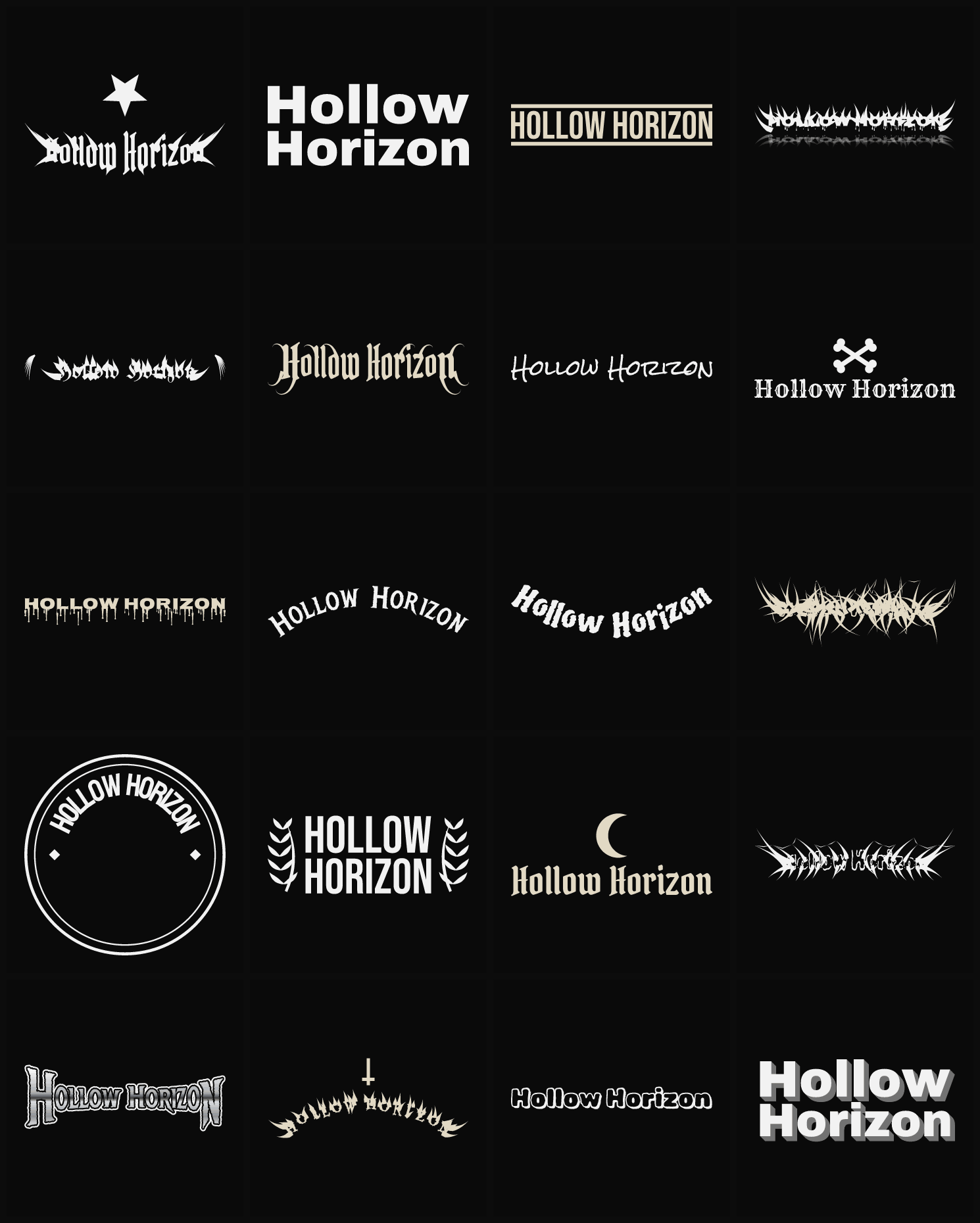 Twenty Hollow Horizon band logo ideas — different faces, treatments and spike settings