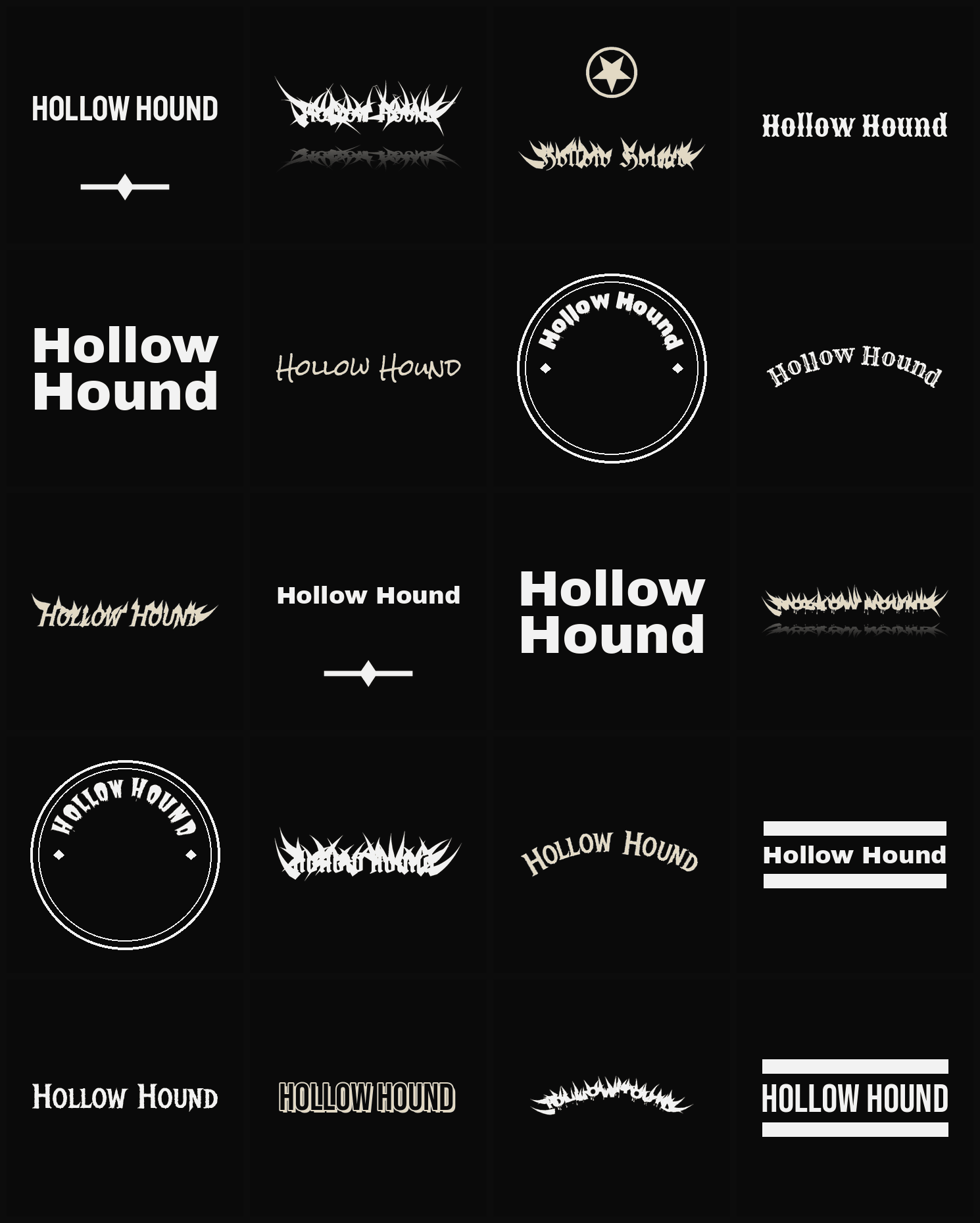 Twenty Hollow Hound band logo ideas — different faces, treatments and spike settings